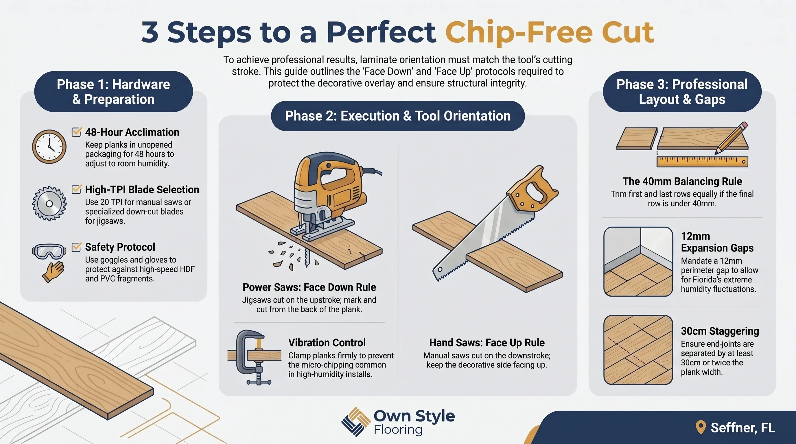 Technical diagram showing Face Down orientation for jigsaw and Face Up orientation for hand saw