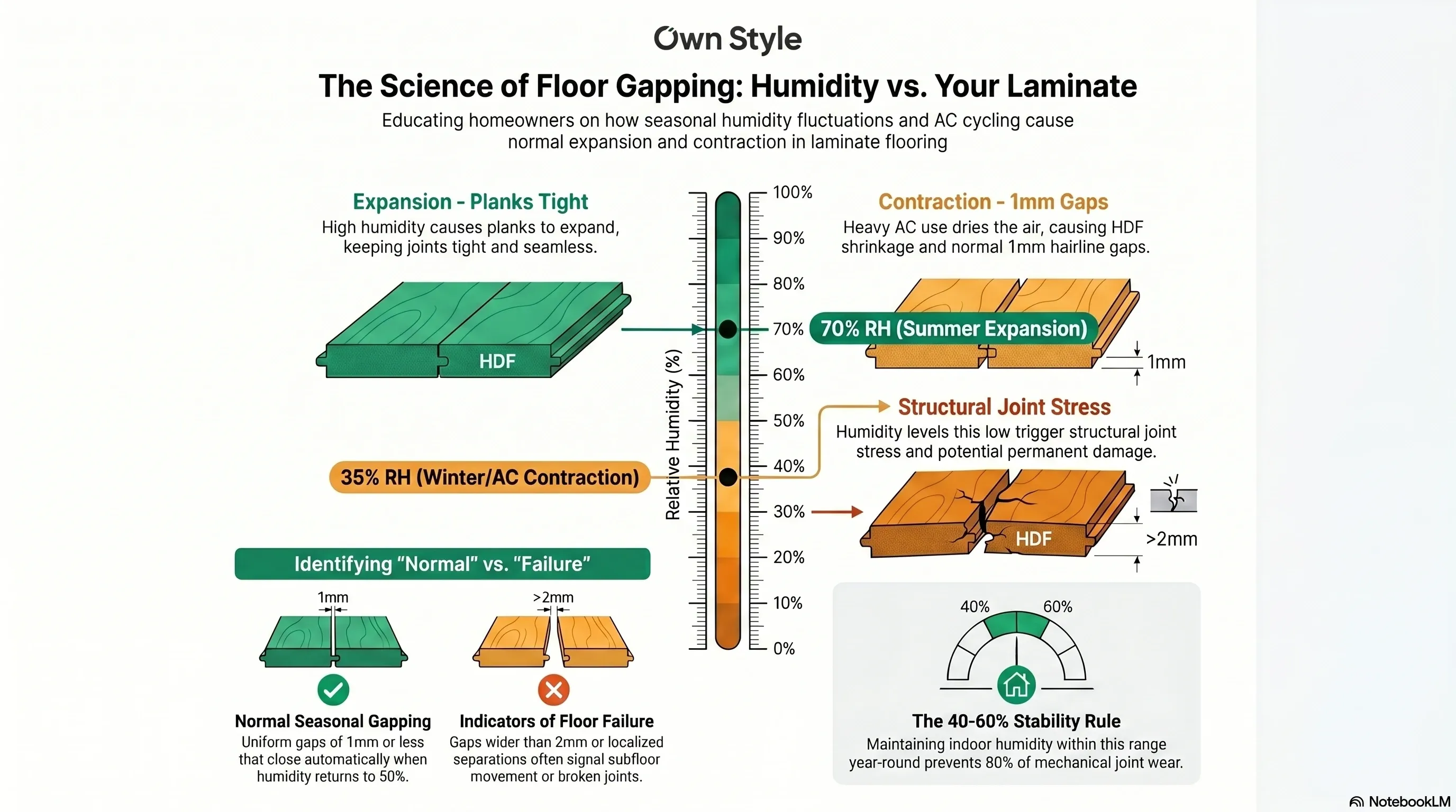 Chart showing how indoor humidity changes cause laminate expansion and contraction
