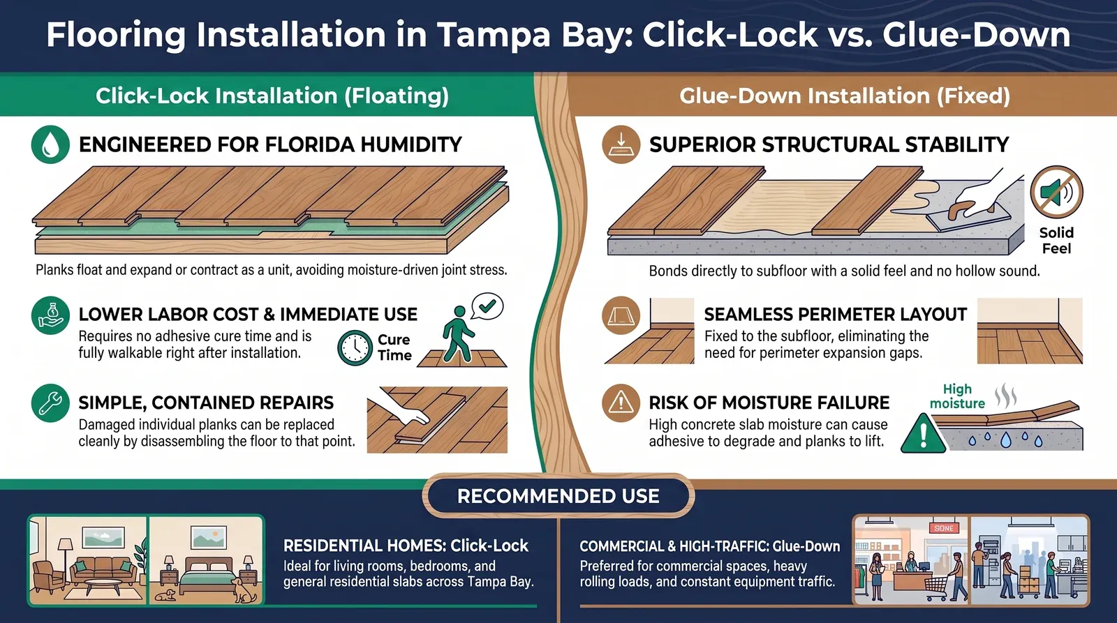 Click-lock floating installation vs glue-down installation: humidity behavior, repairs, stability and recommended use