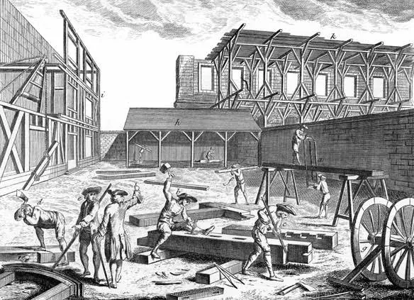 18th-century engraving of a carpentry yard where workers square timbers with axes and adzes and saw beams on trestles