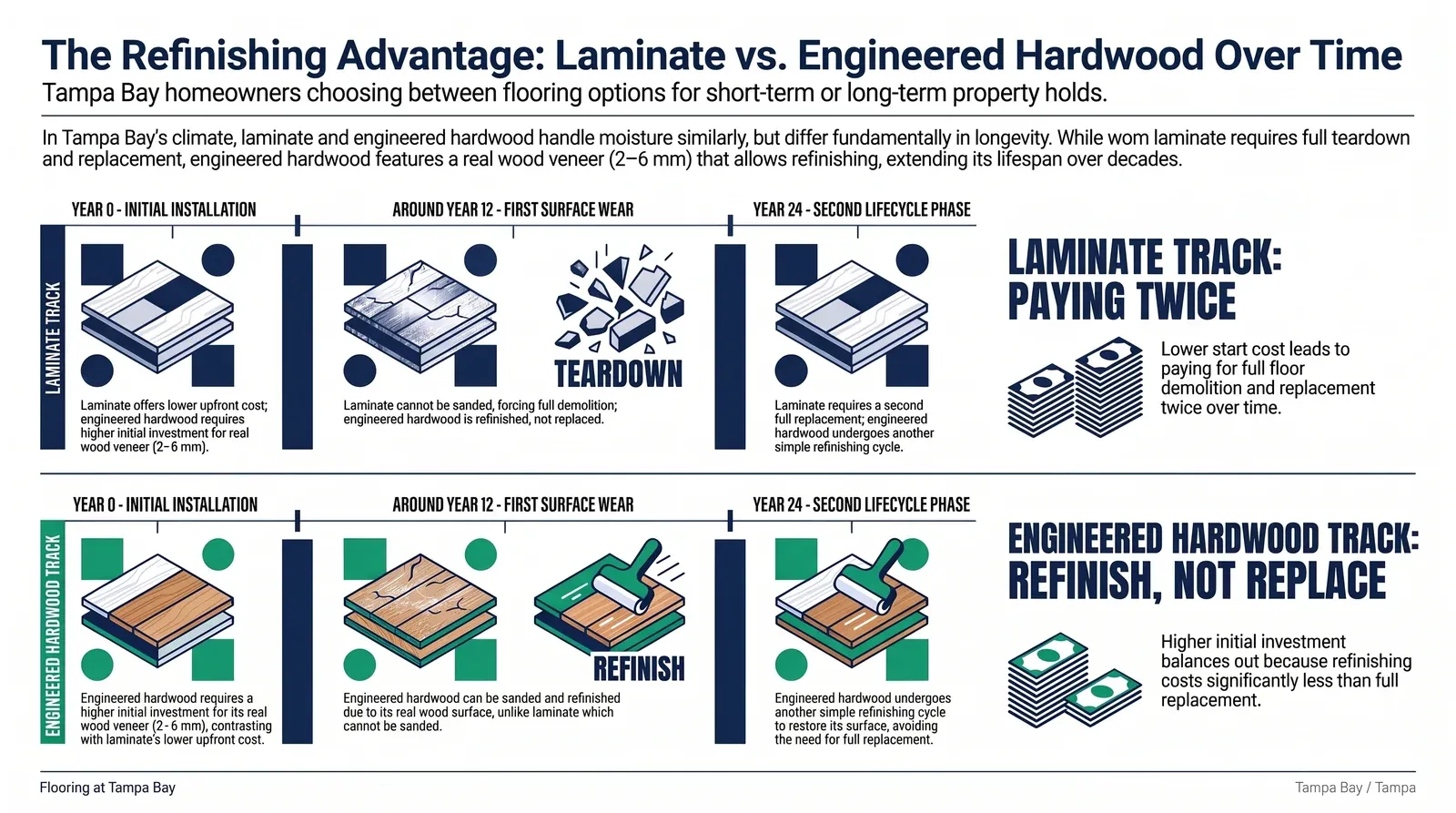 Laminate vs engineered hardwood over time: laminate is replaced, engineered hardwood is refinished