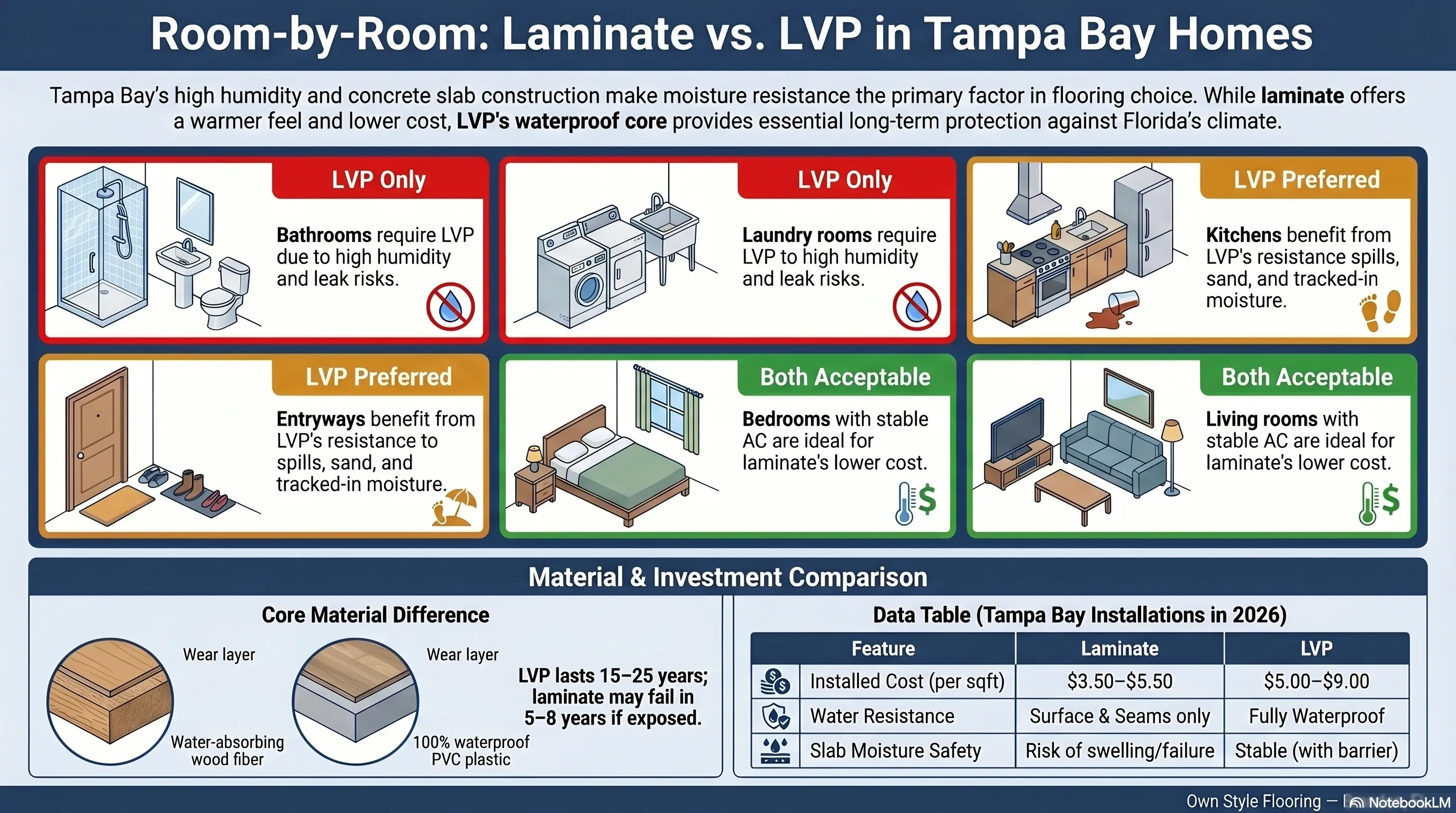 Room-by-room laminate vs vinyl LVP flooring guide for Tampa Bay Florida homes