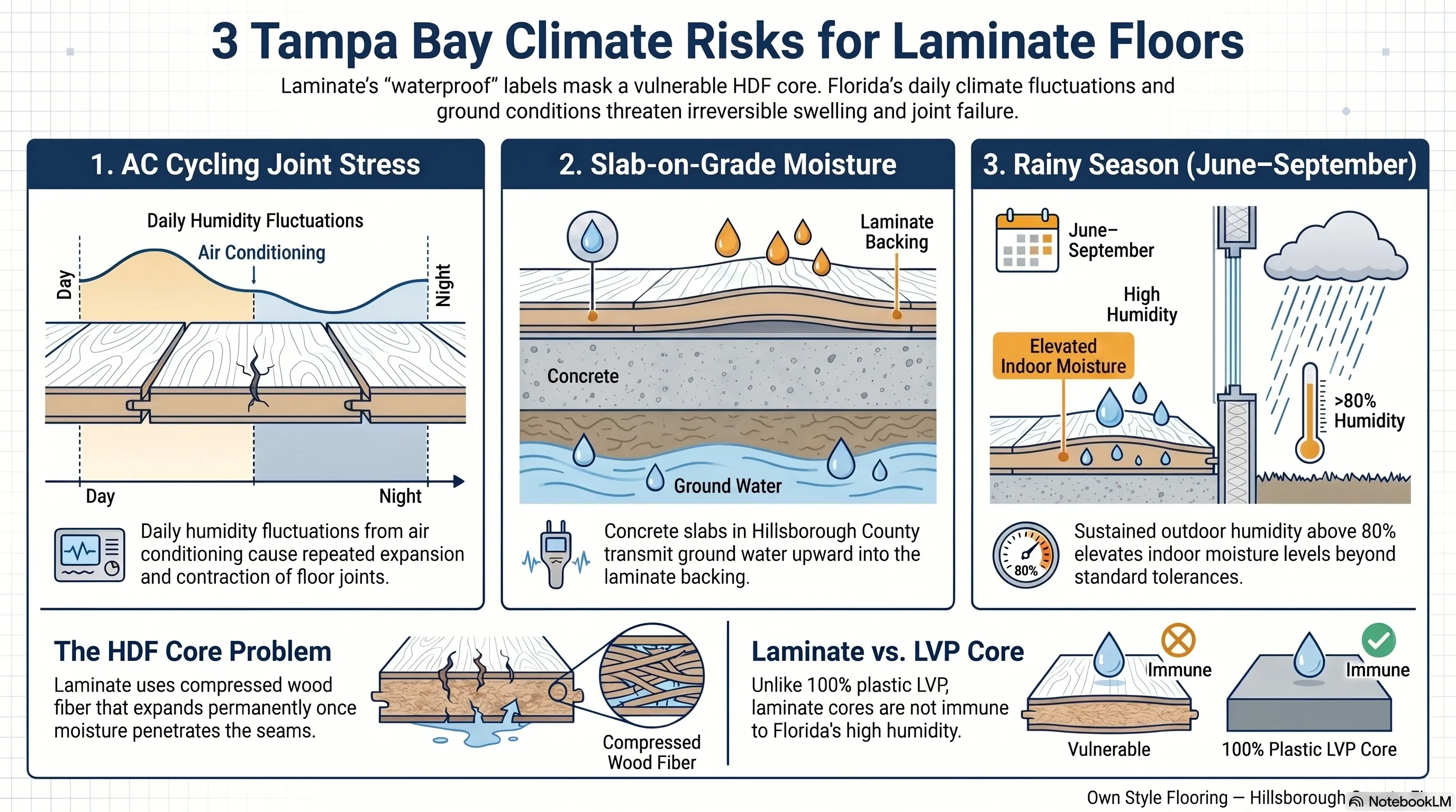 Three Tampa Bay climate risks for laminate flooring — AC cycling, slab moisture, and rainy season humidity above 80 percent