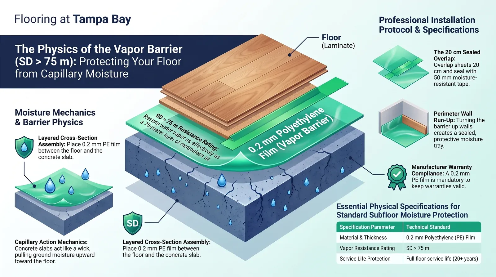 How an SD > 75 m vapor barrier blocks capillary moisture from a concrete slab: 0.2 mm PE film, 20 cm sealed overlap and wall run-up