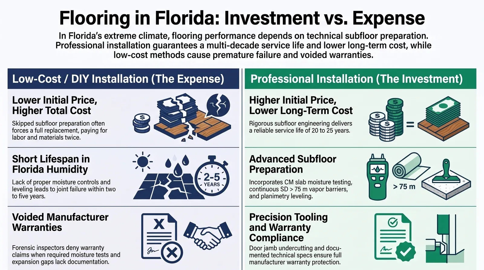 Low-cost or DIY flooring versus professional installation in Florida: initial price, lifespan, total cost and warranty