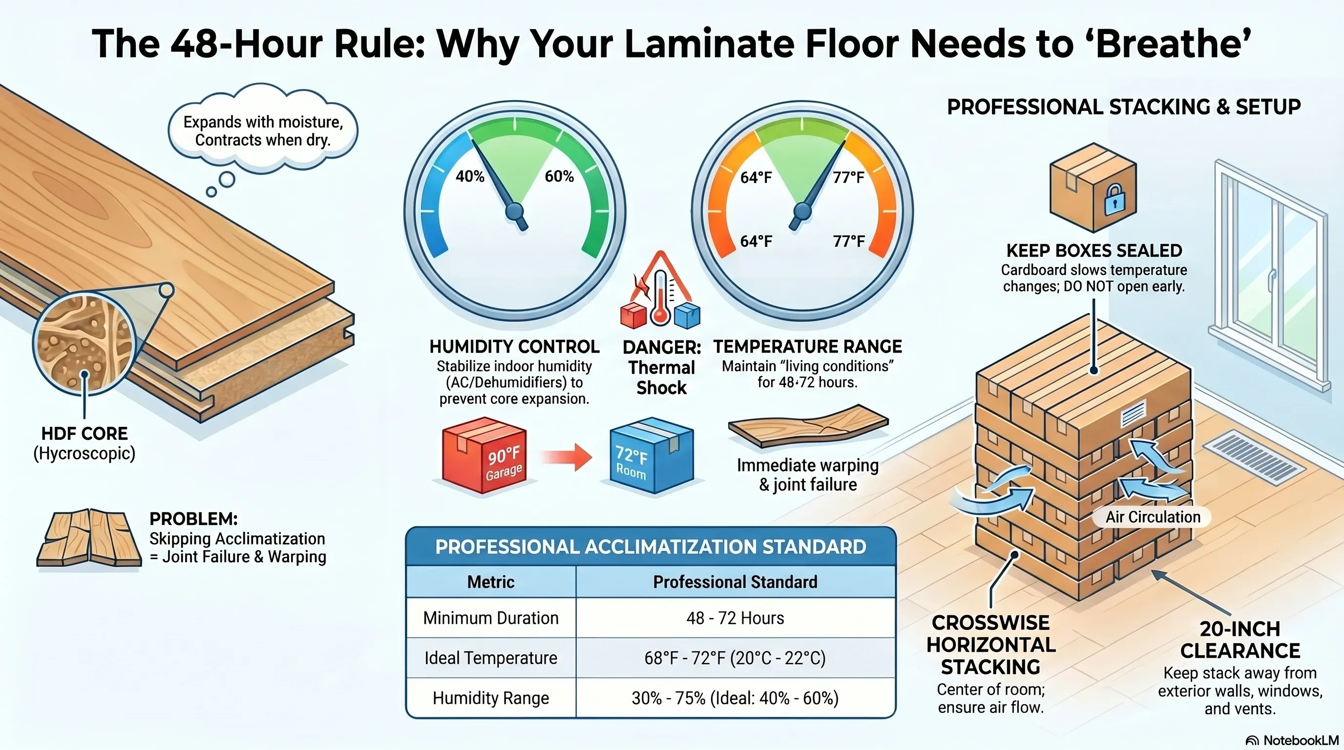 Diagram showing correct crosswise box stacking with clearance from walls and vents