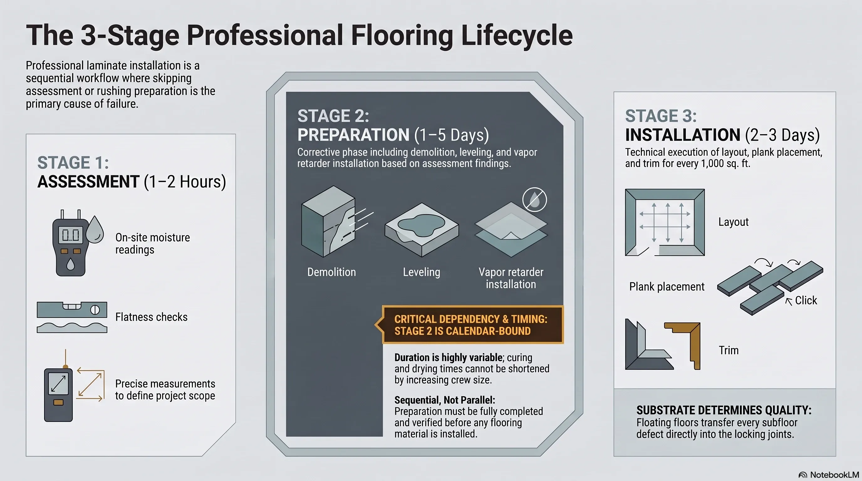 Diagram of the three stages of a flooring installation project from assessment through preparation to plank installation