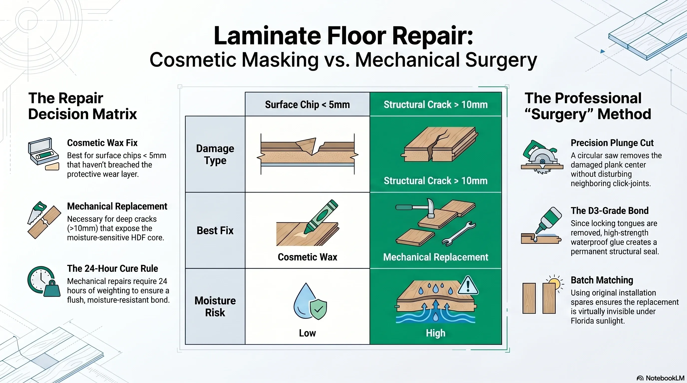 Decision matrix: cosmetic repair vs. mechanical plank replacement
