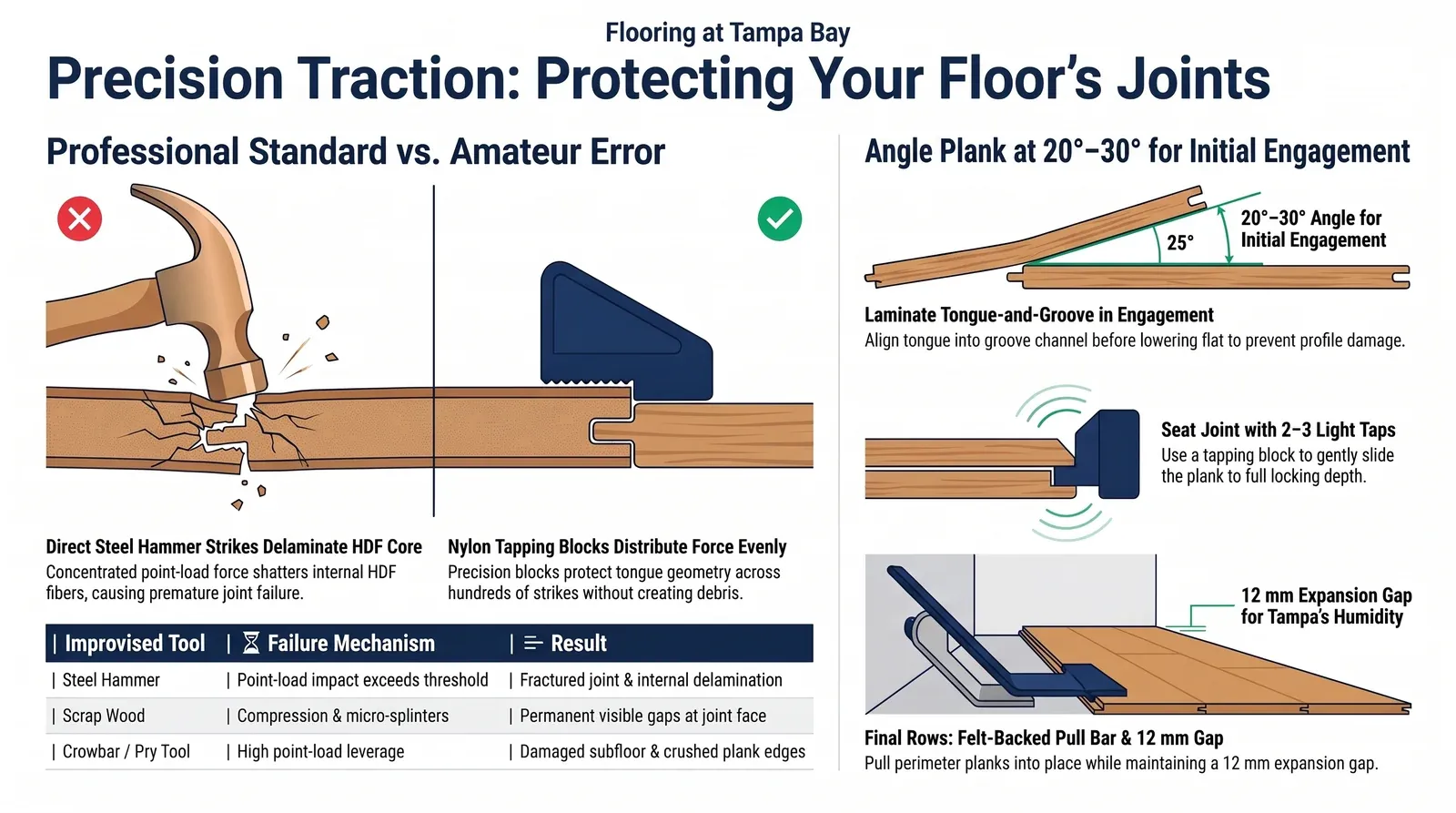 Steel hammer damage versus tapping block and pull bar technique for seating laminate joints