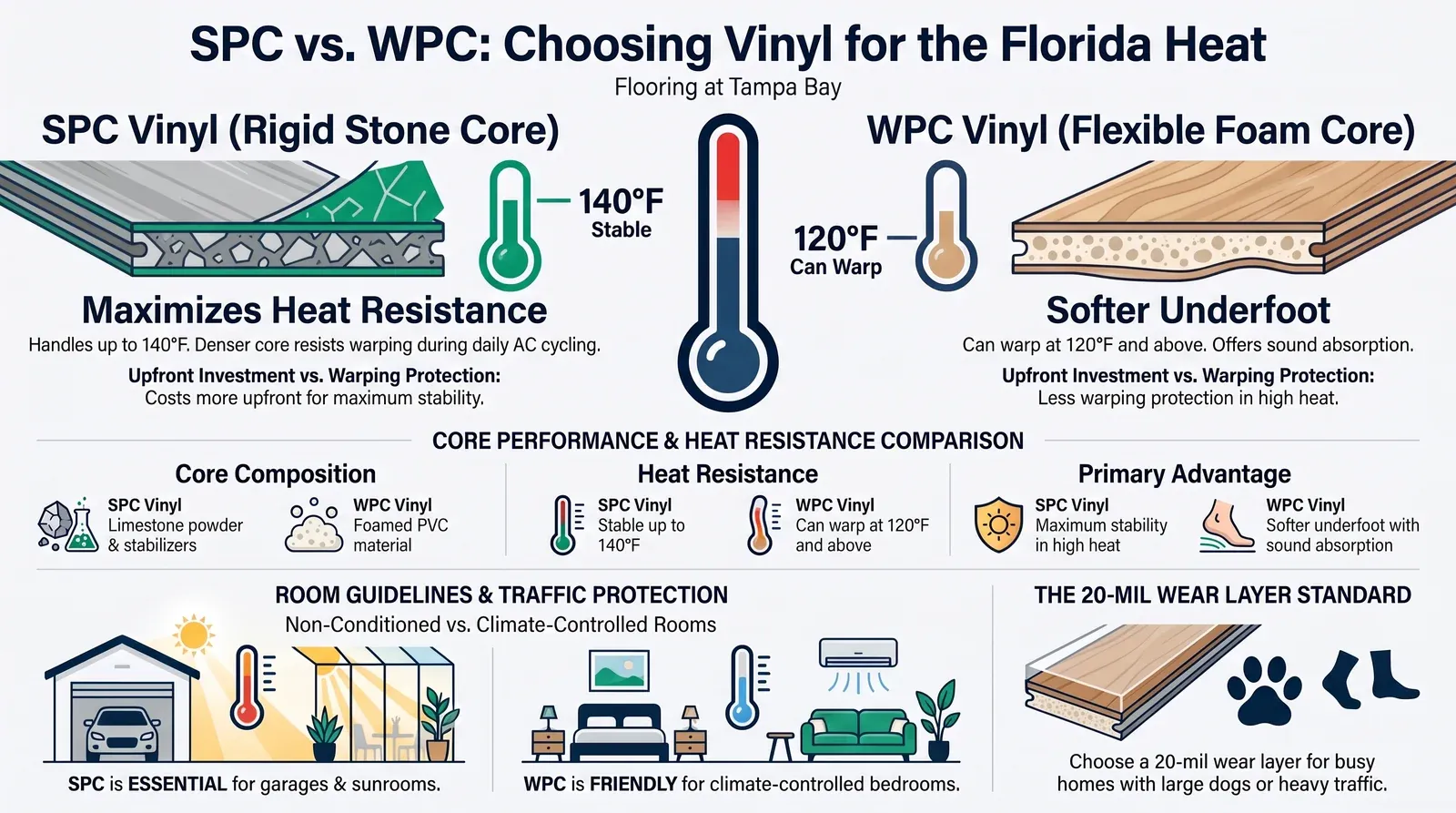 SPC vs WPC vinyl in Florida heat: rigid stone core versus flexible foam core, heat tolerance and best rooms for each