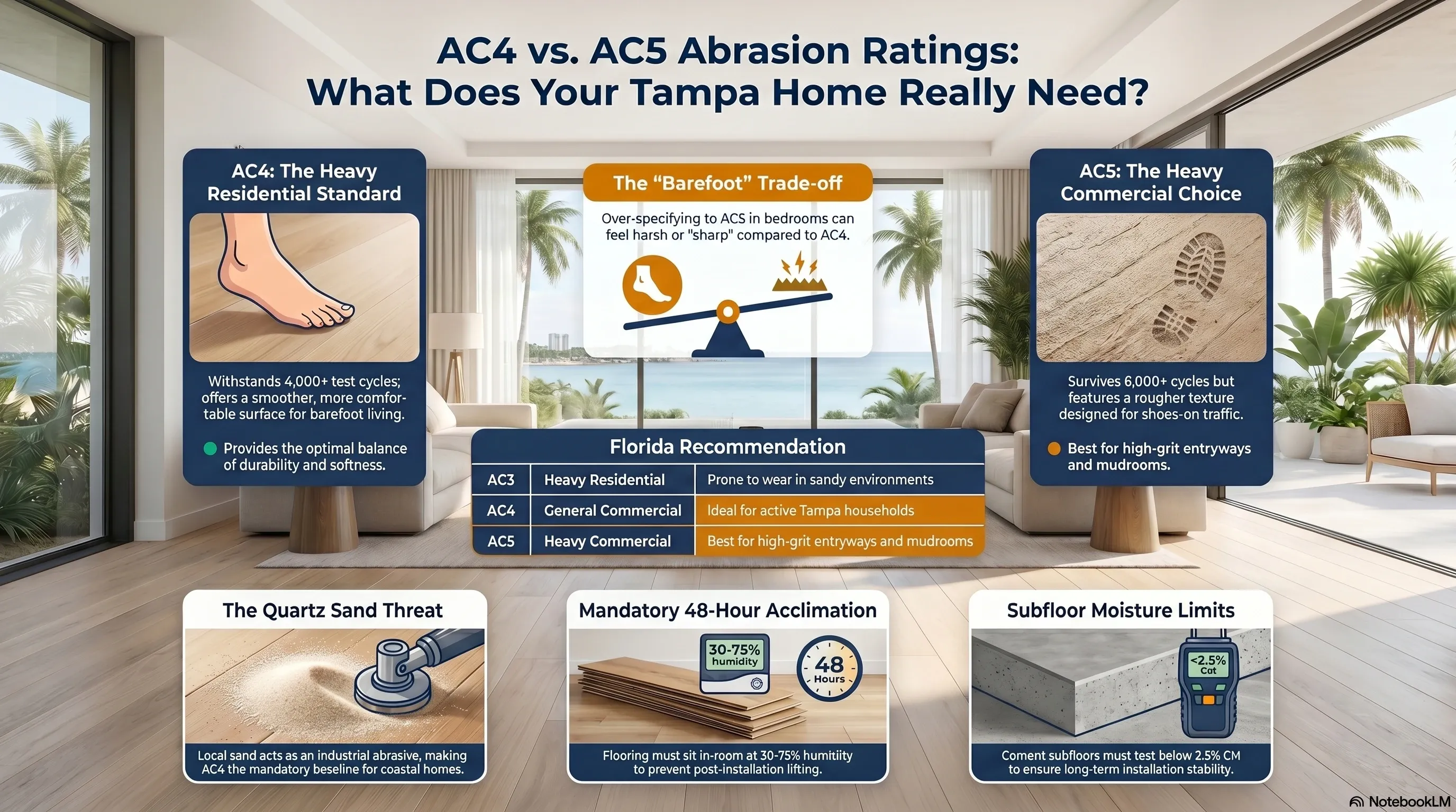 Technical comparison chart showing AC4 versus AC5 wear layer specifications