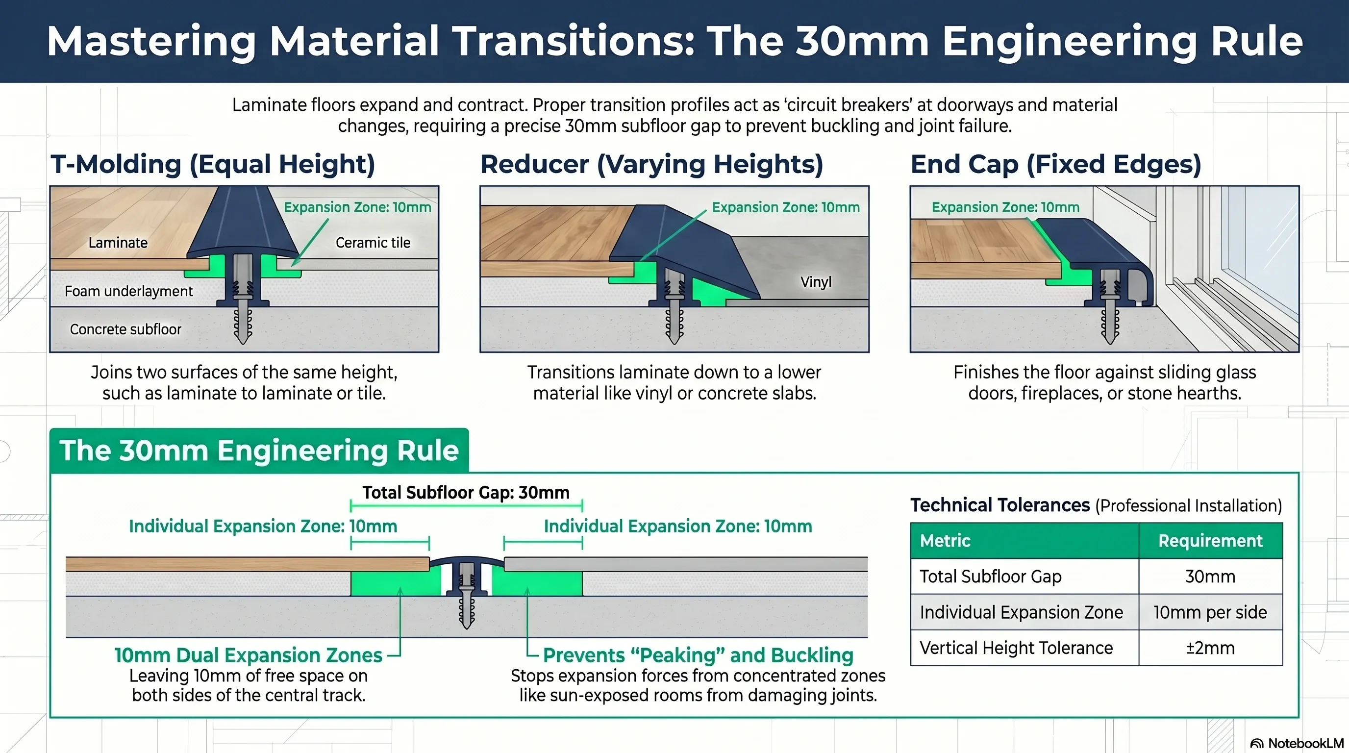 Three types of flooring transition profiles: T-Molding, Reducer, and End Cap