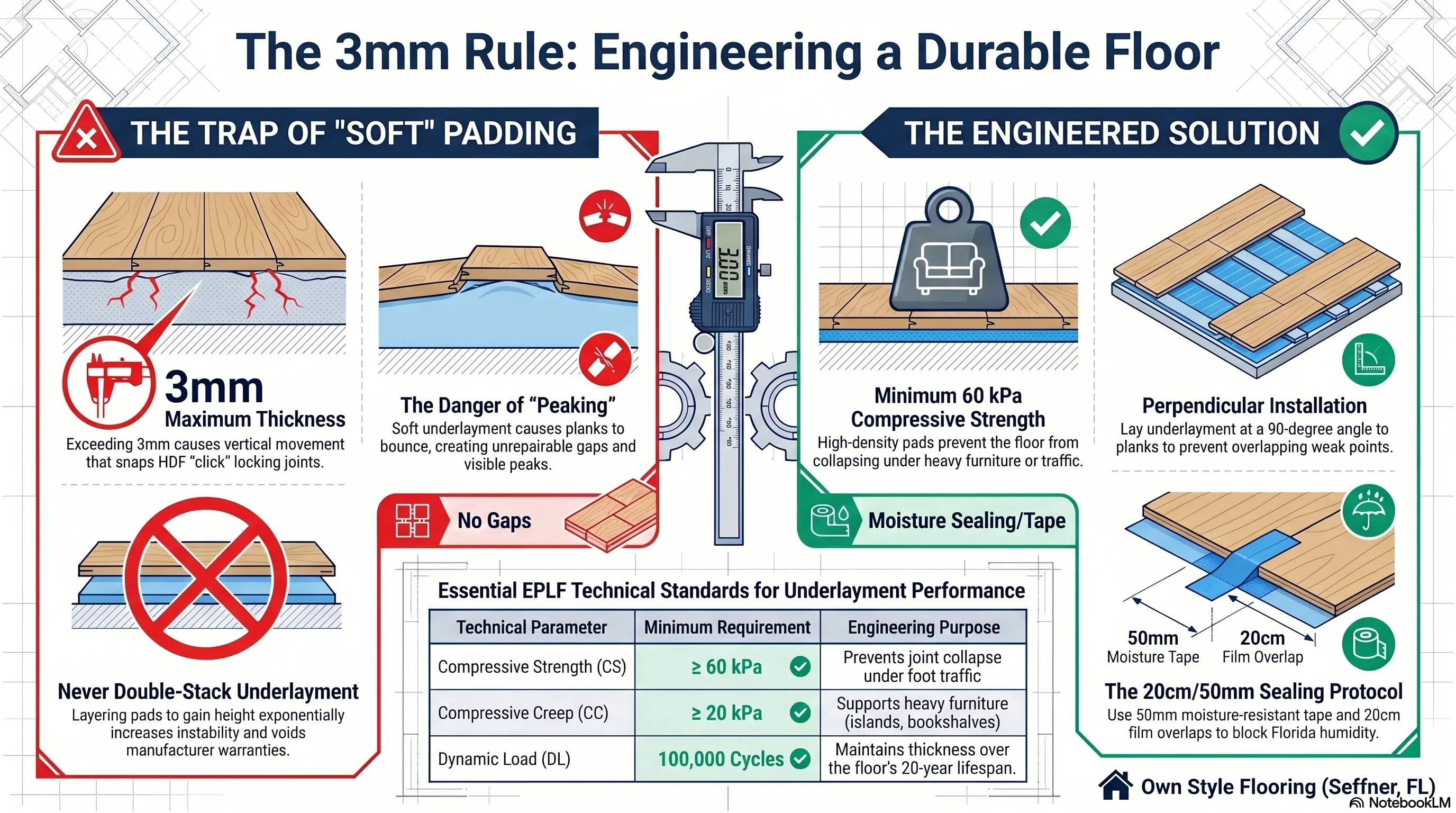 Technical data table comparing underlayment CS, CC, DL, and thickness specifications