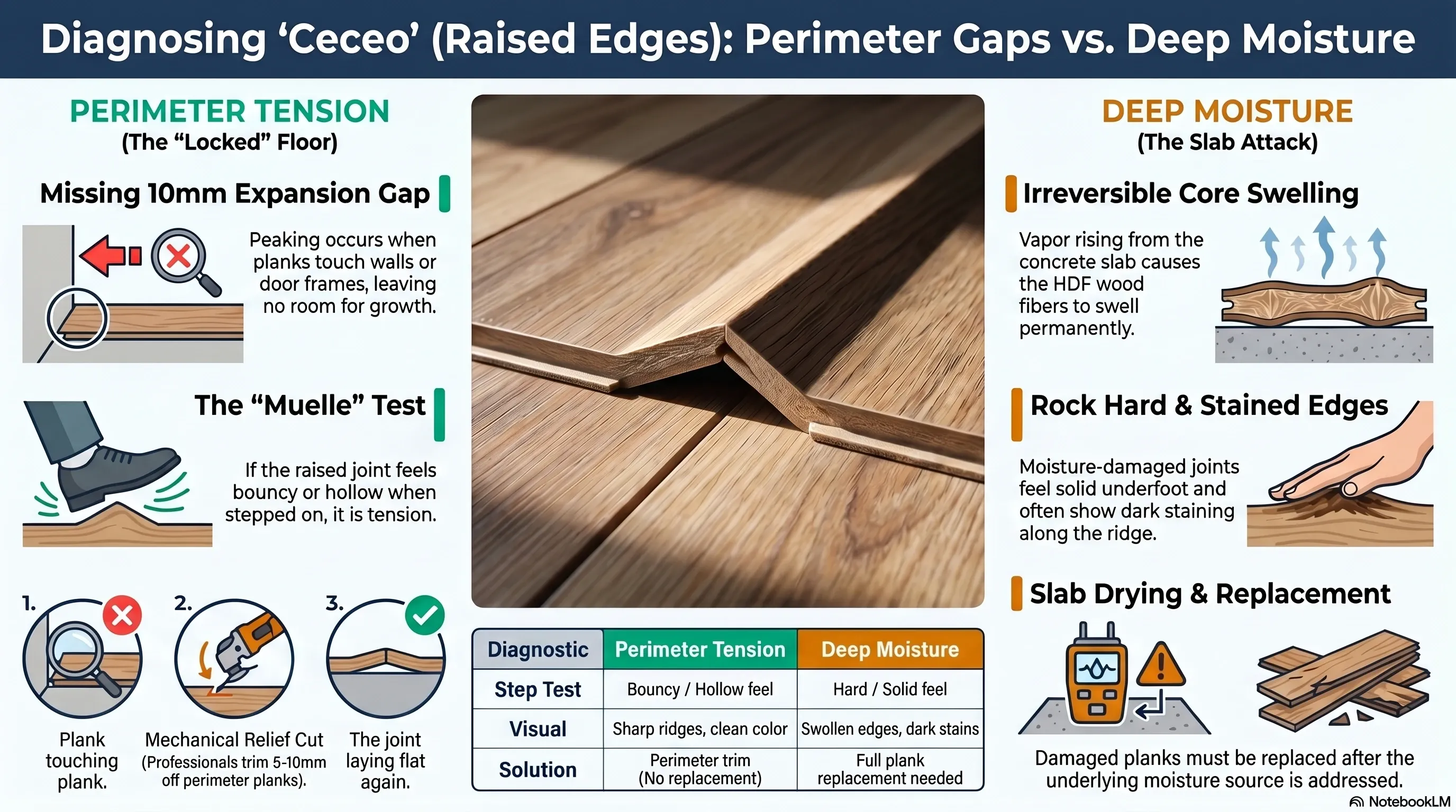 Infographic comparing symptoms and solutions for floor peaking caused by tension versus moisture