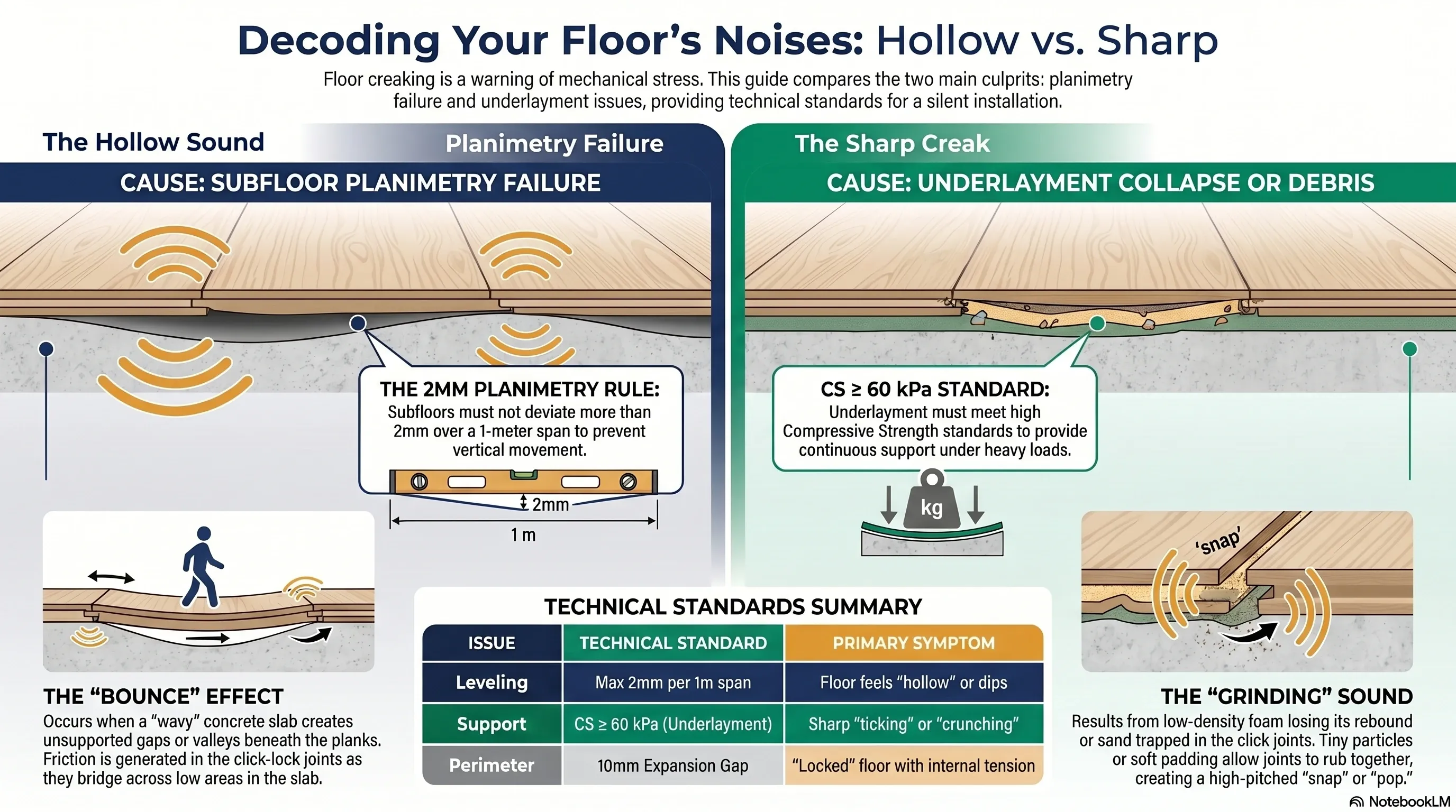 Infographic showing planimetry-related hollow sounds versus joint-related creaking