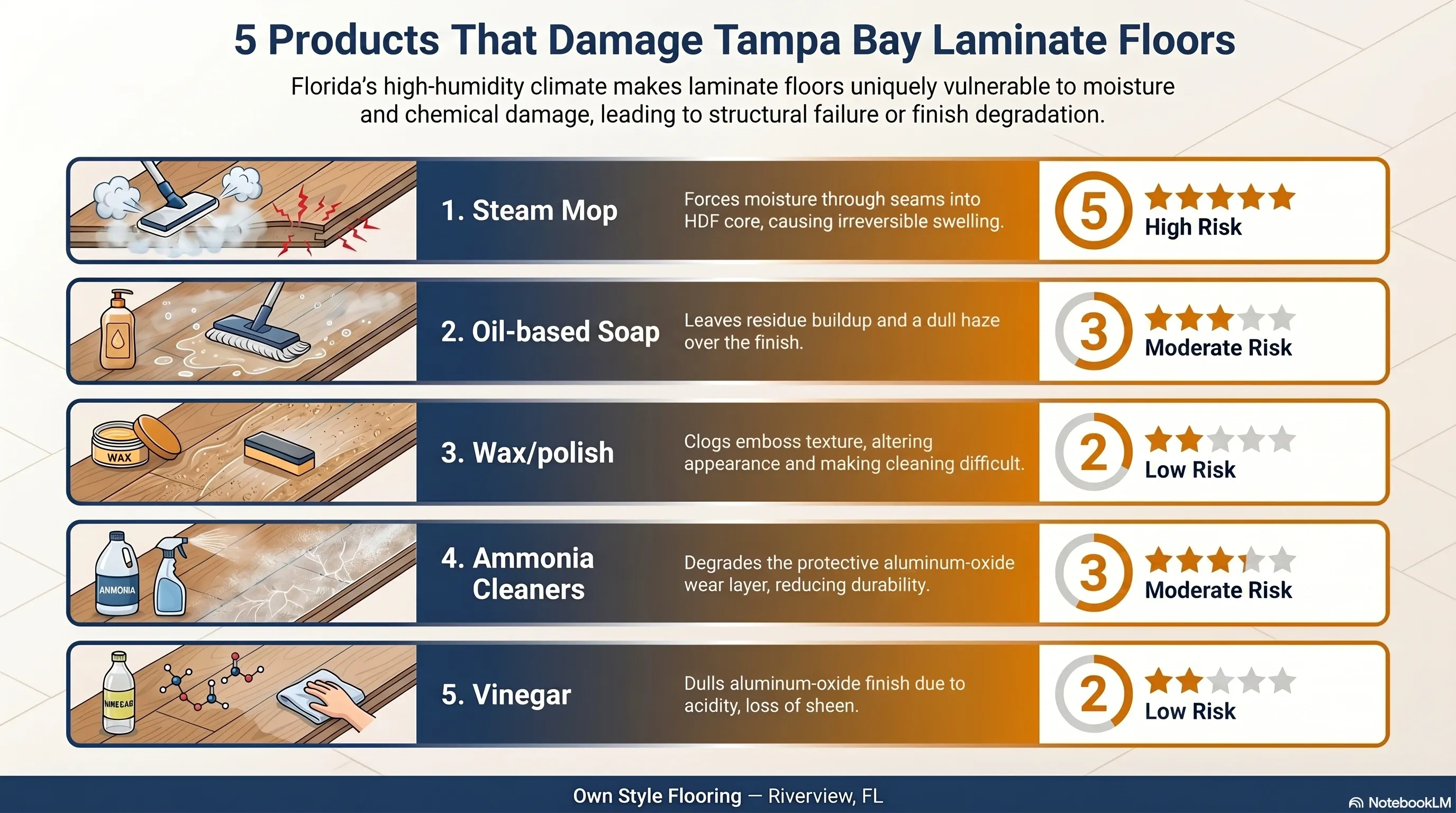 Productos que dañan pisos laminados en la humedad de Florida — jabón de aceite, cera, amoniaco, cloro, vinagre