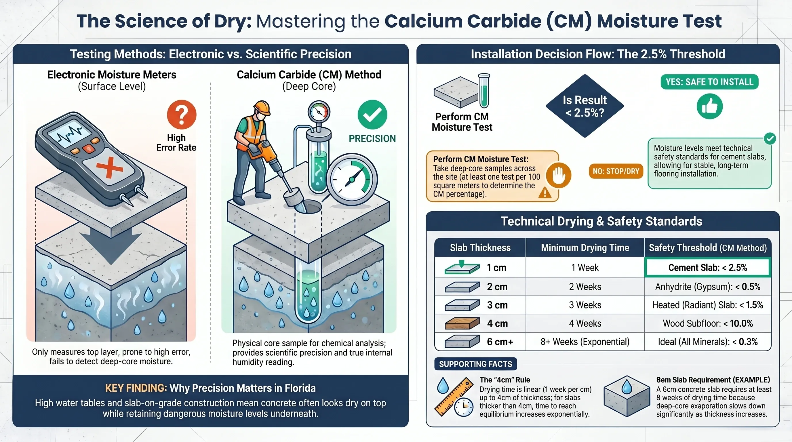 Infographic comparing electronic moisture meters versus the Calcium Carbide CM method