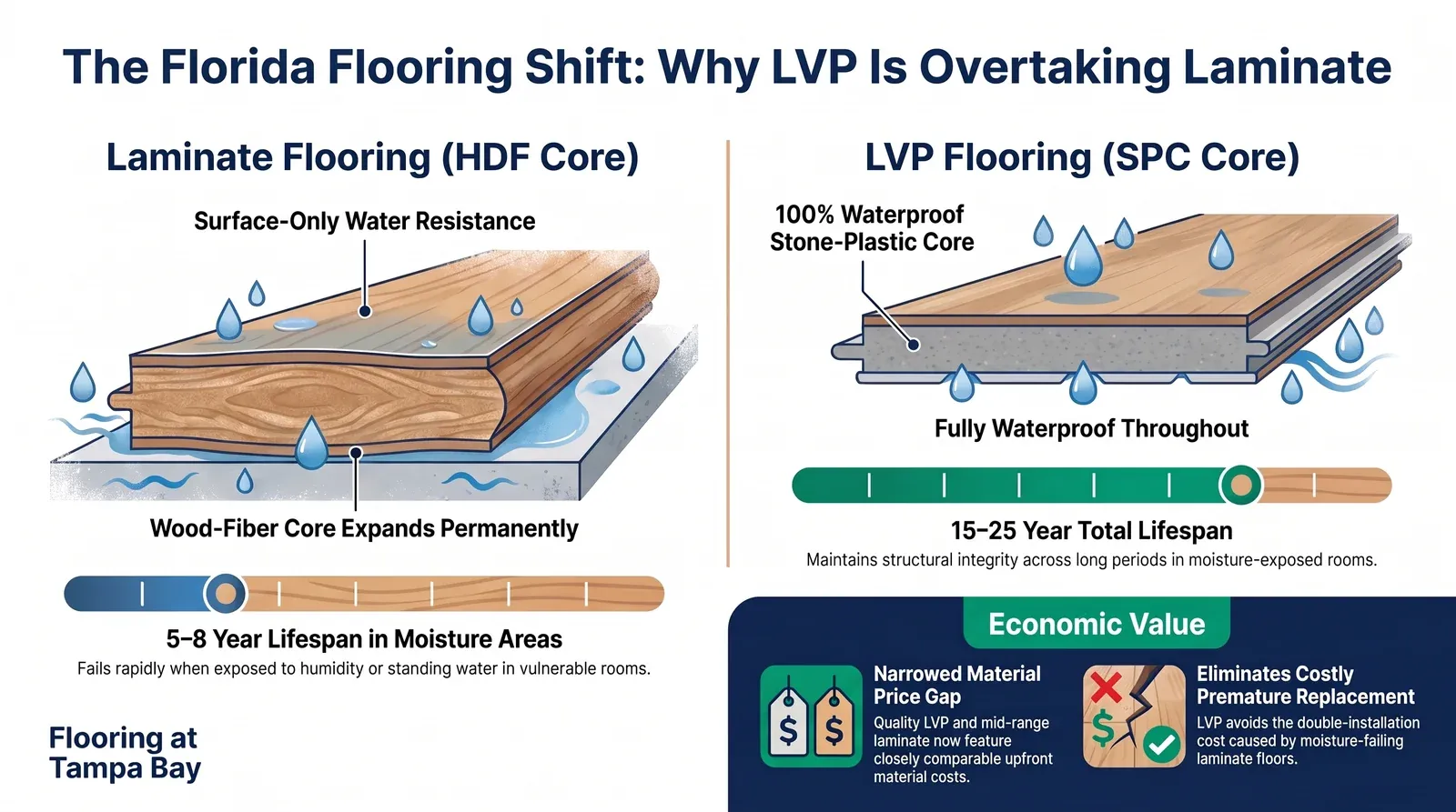 Why LVP is overtaking laminate in Florida: HDF core versus waterproof SPC core, lifespan in moisture areas and economic value