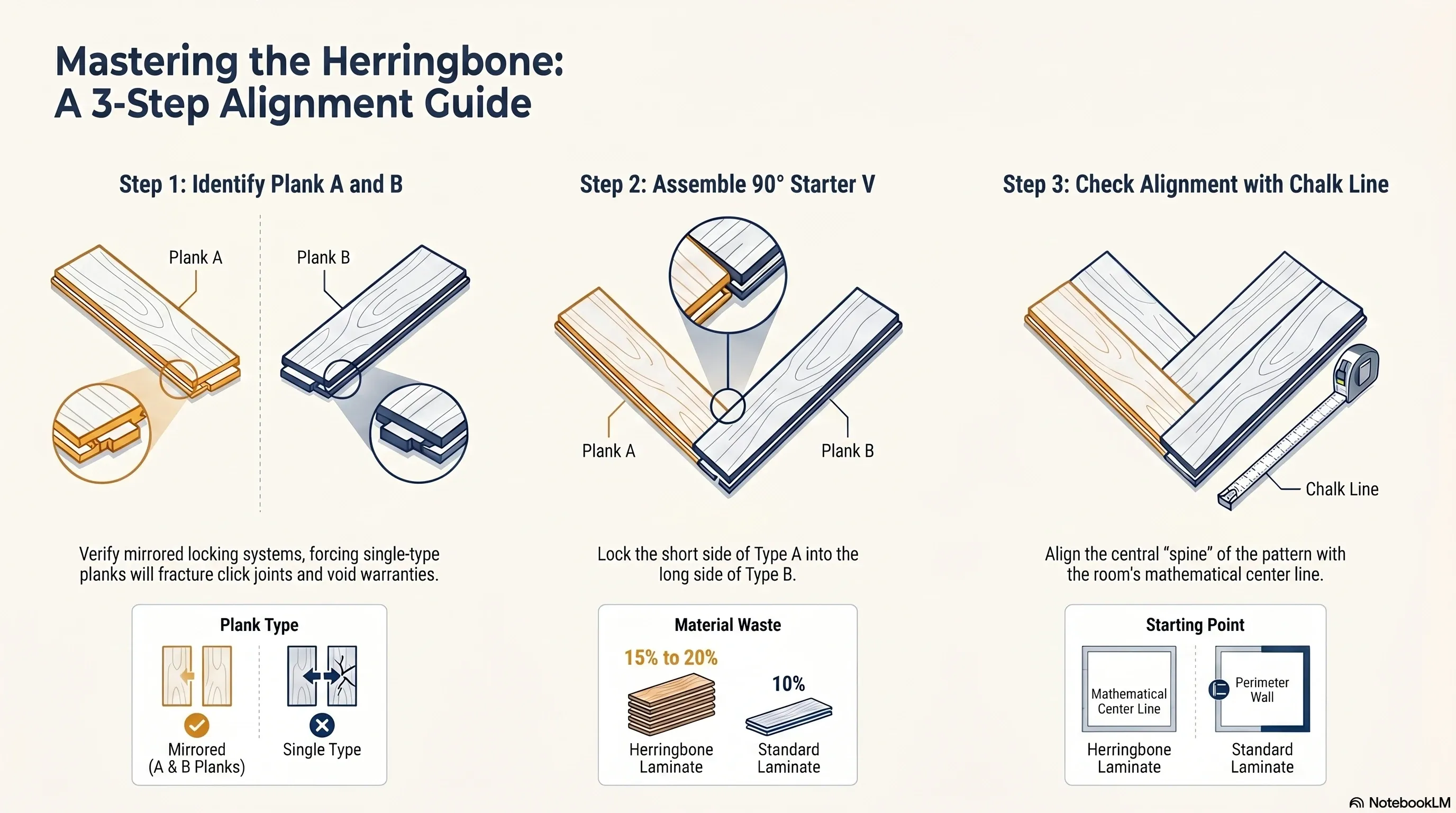 Professional herringbone laminate flooring installation showing the center reference line on a Tampa subfloor