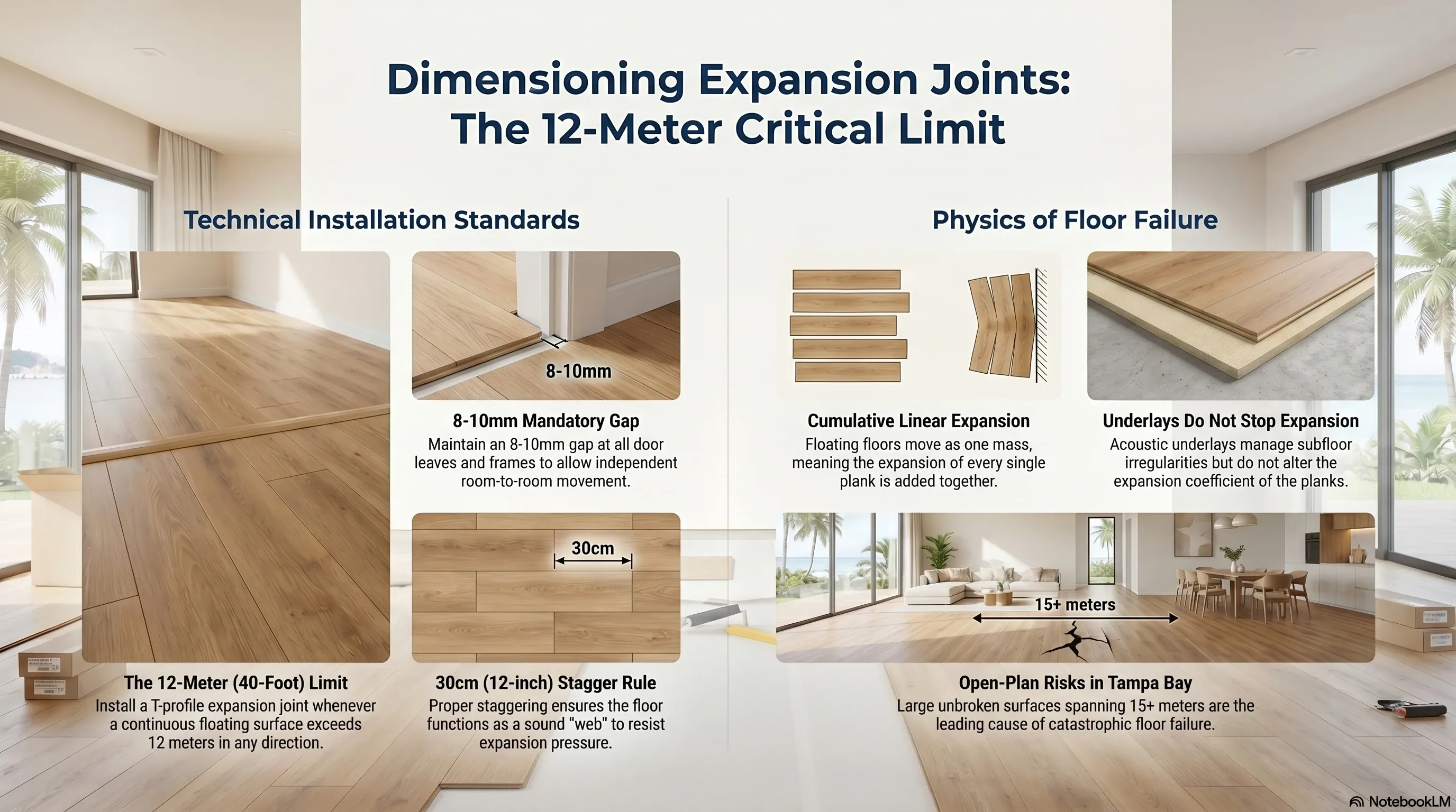 Technical diagram showing T-profile expansion joint placement at the 12-meter threshold in an open-plan home