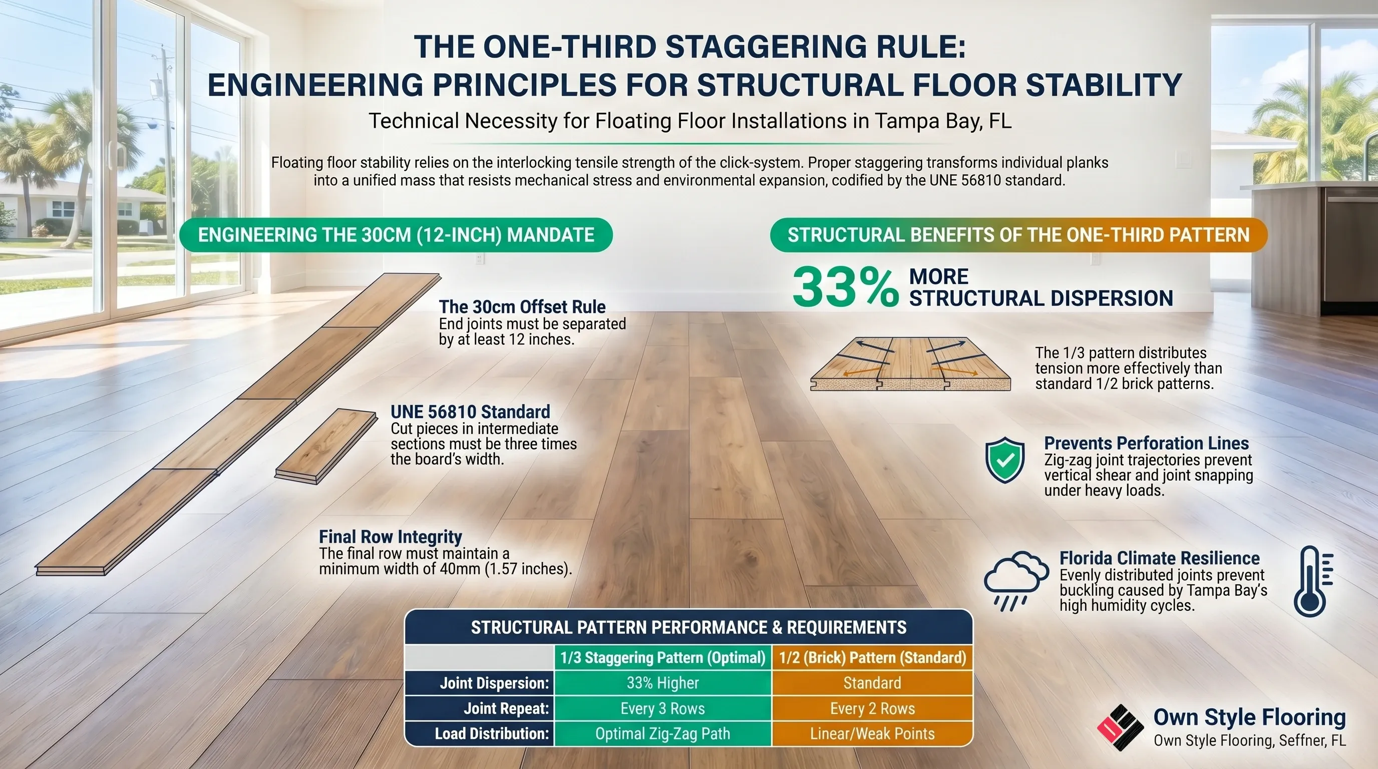 Top-down diagram of the one-third staggering pattern showing joint offset lines across five rows of laminate planks