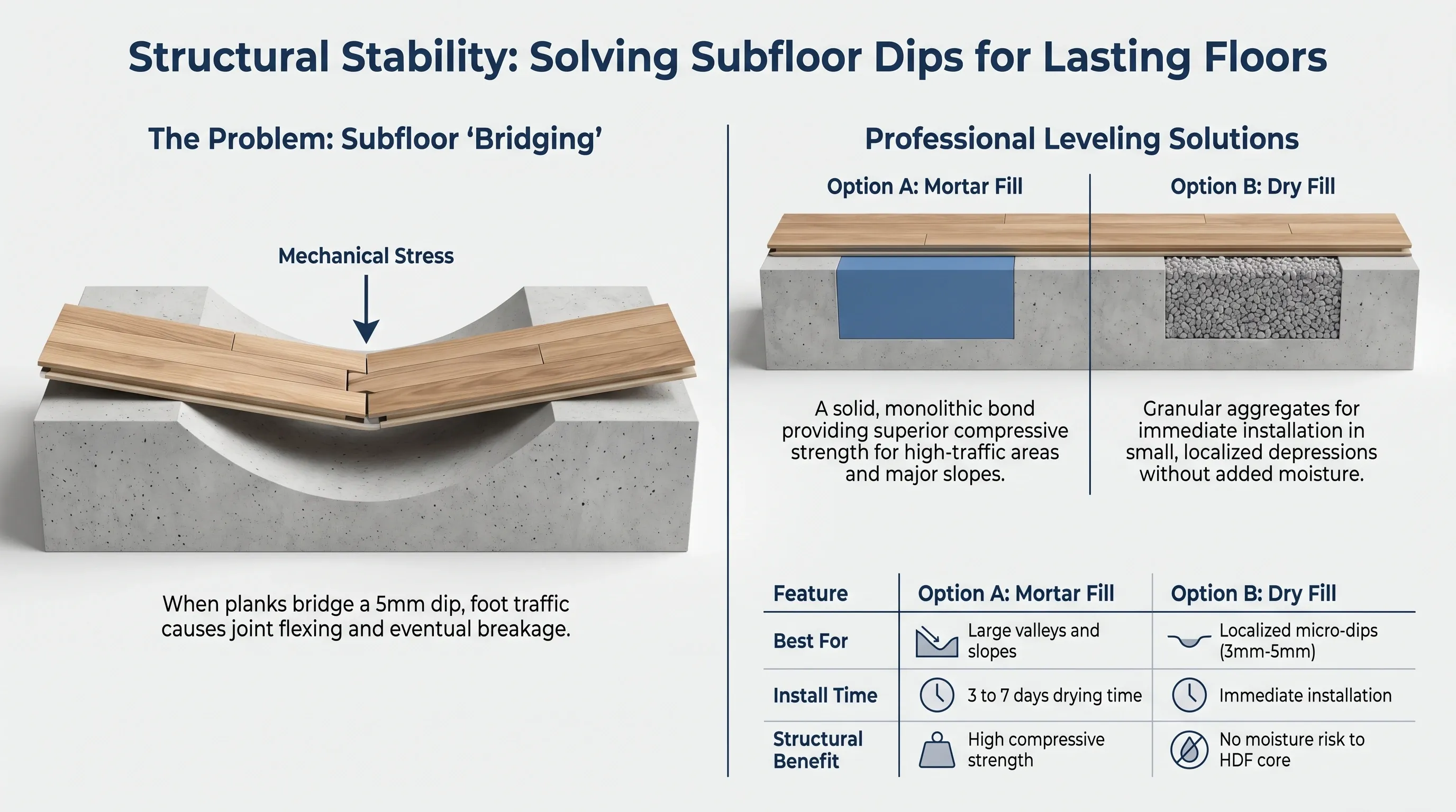 Cross-section diagram showing how subfloor leveling prevents mechanical stress on laminate joints