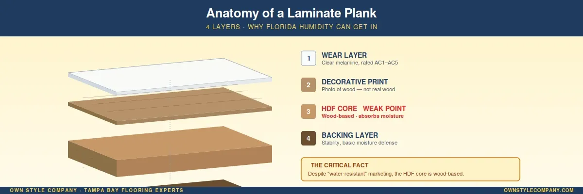 Laminate plank anatomy showing HDF core, decorative layer, and wear layer