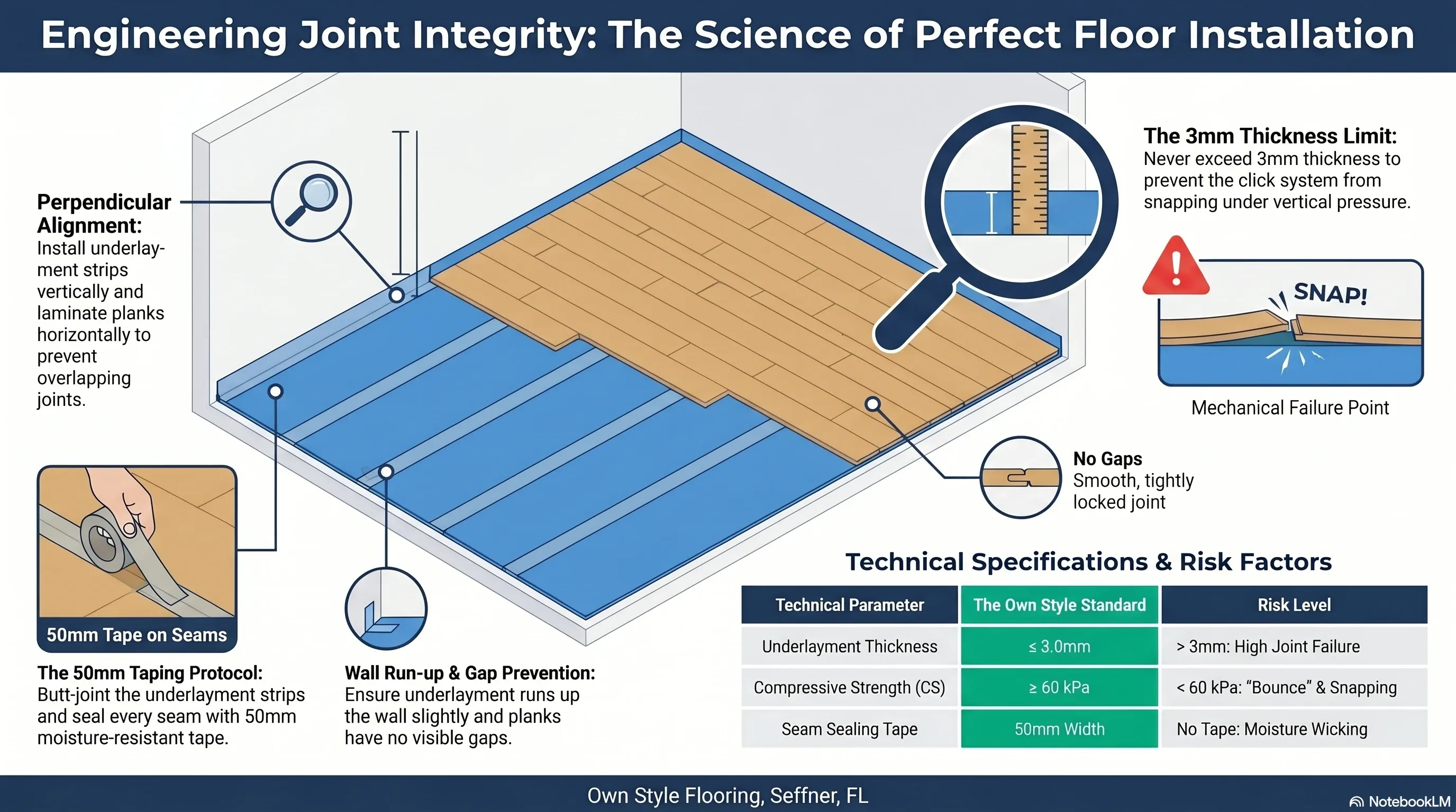 Top-down diagram showing perpendicular underlayment strips with butt-jointed seams and tape