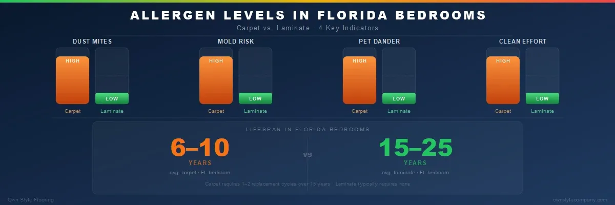 Illustration of dust mite and allergen buildup conditions in carpet fiber under Florida's indoor humidity levels