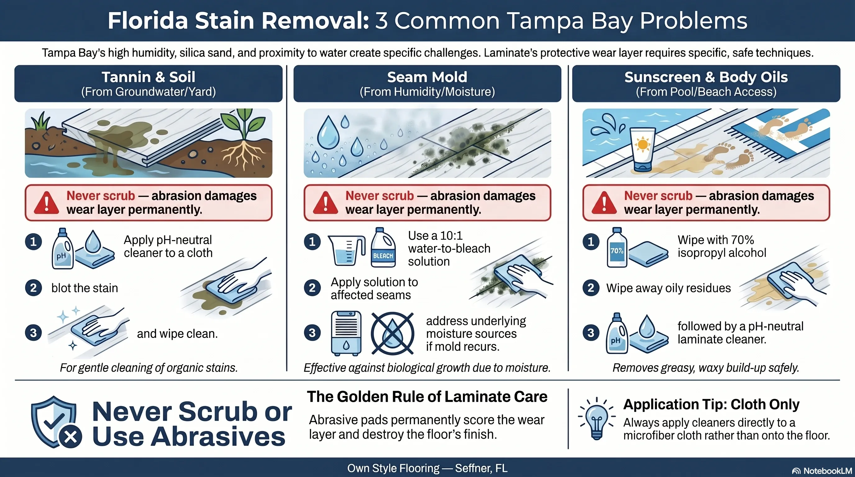Guía de remoción de manchas específicas de Florida para pisos laminados — taninos, moho, protector solar en hogares de Tampa Bay