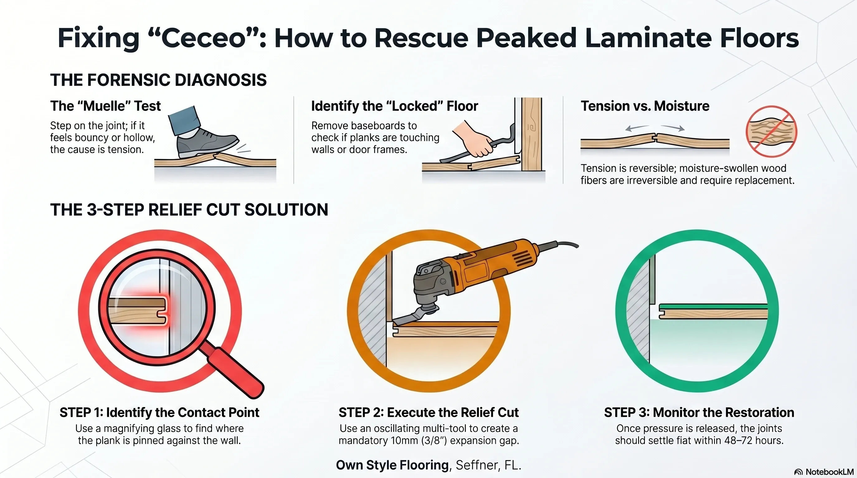 Visual guide showing how to fix peaked joints with a perimeter relief cut