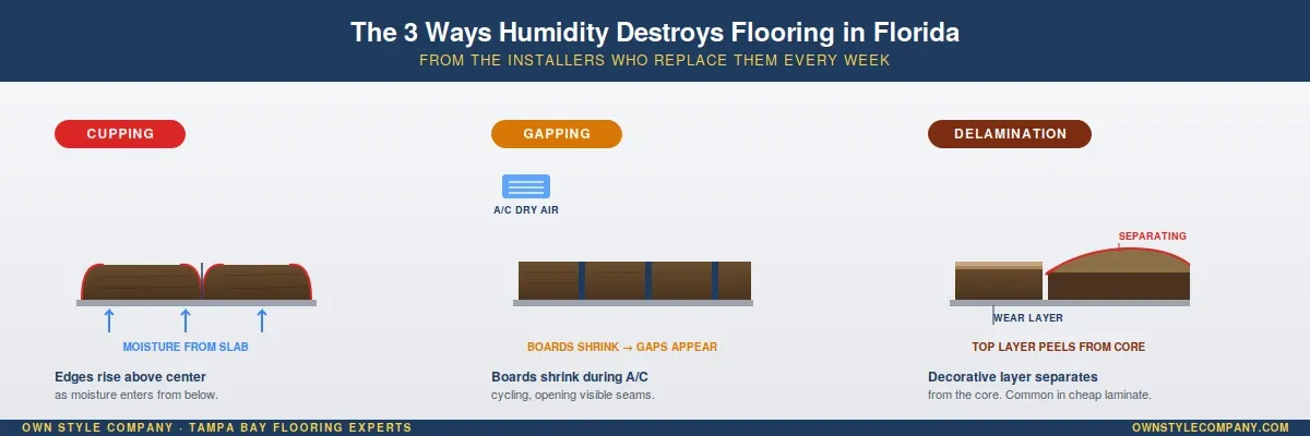 Three failure modes of flooring due to Florida humidity