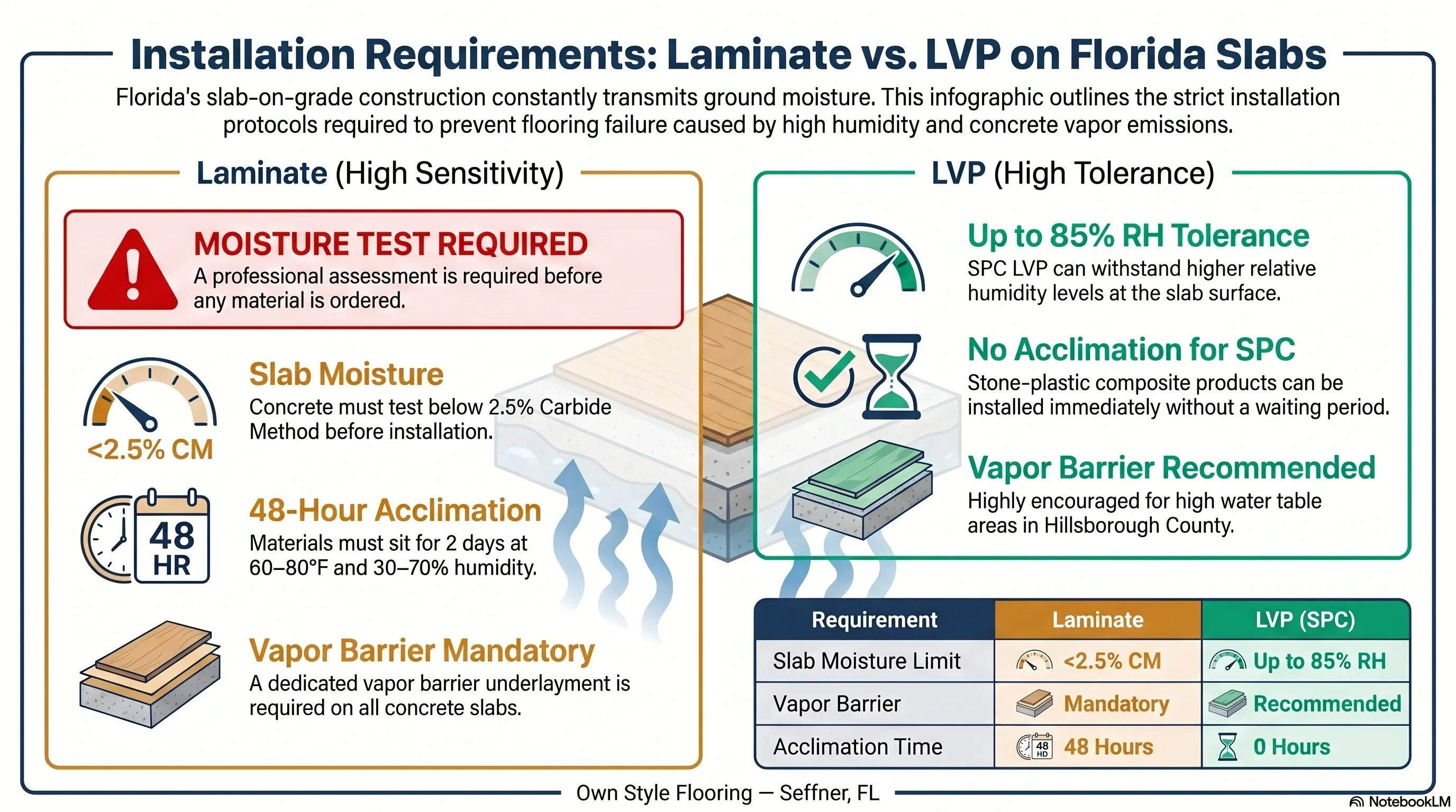 Installation requirements comparison for laminate vs LVP on concrete slabs in Tampa Bay Florida