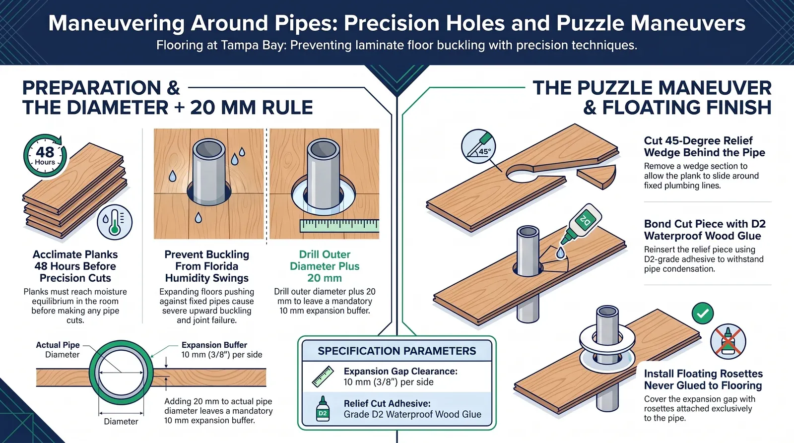 Installing laminate around pipes: the diameter plus 20 mm rule, the 45-degree relief cut, D2 glue and floating rosettes