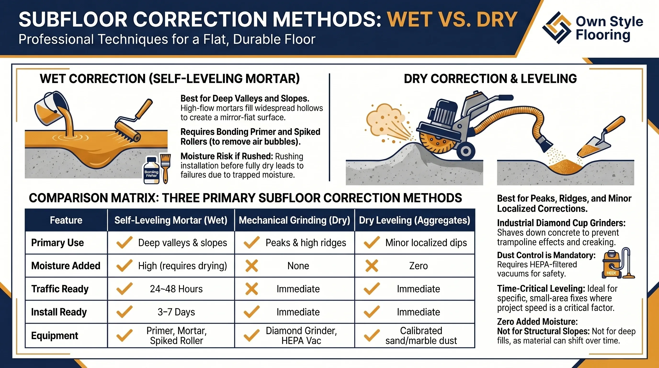 Comparison of floor leveling methods: grinding high spots versus filling low spots