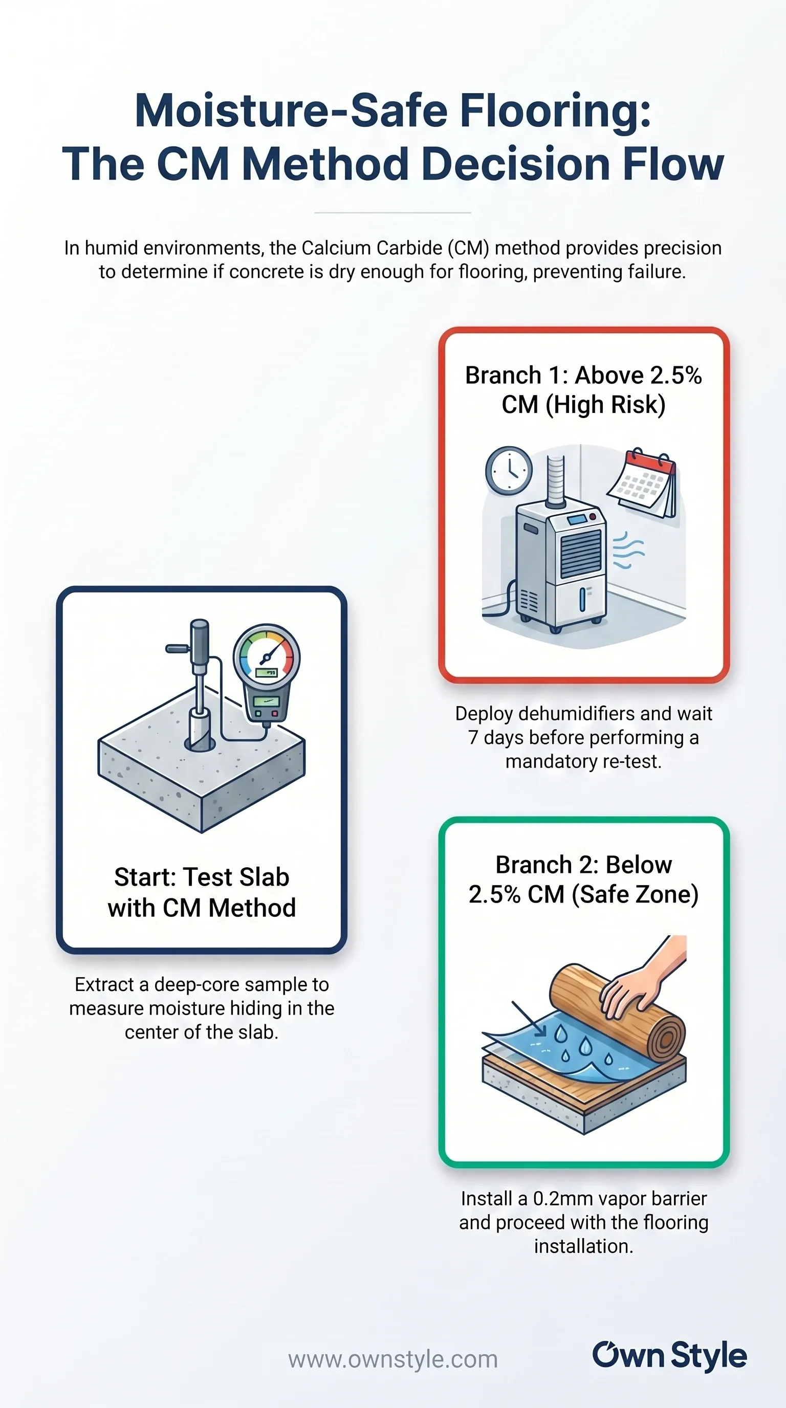 Decision flowchart for moisture thresholds before flooring installation