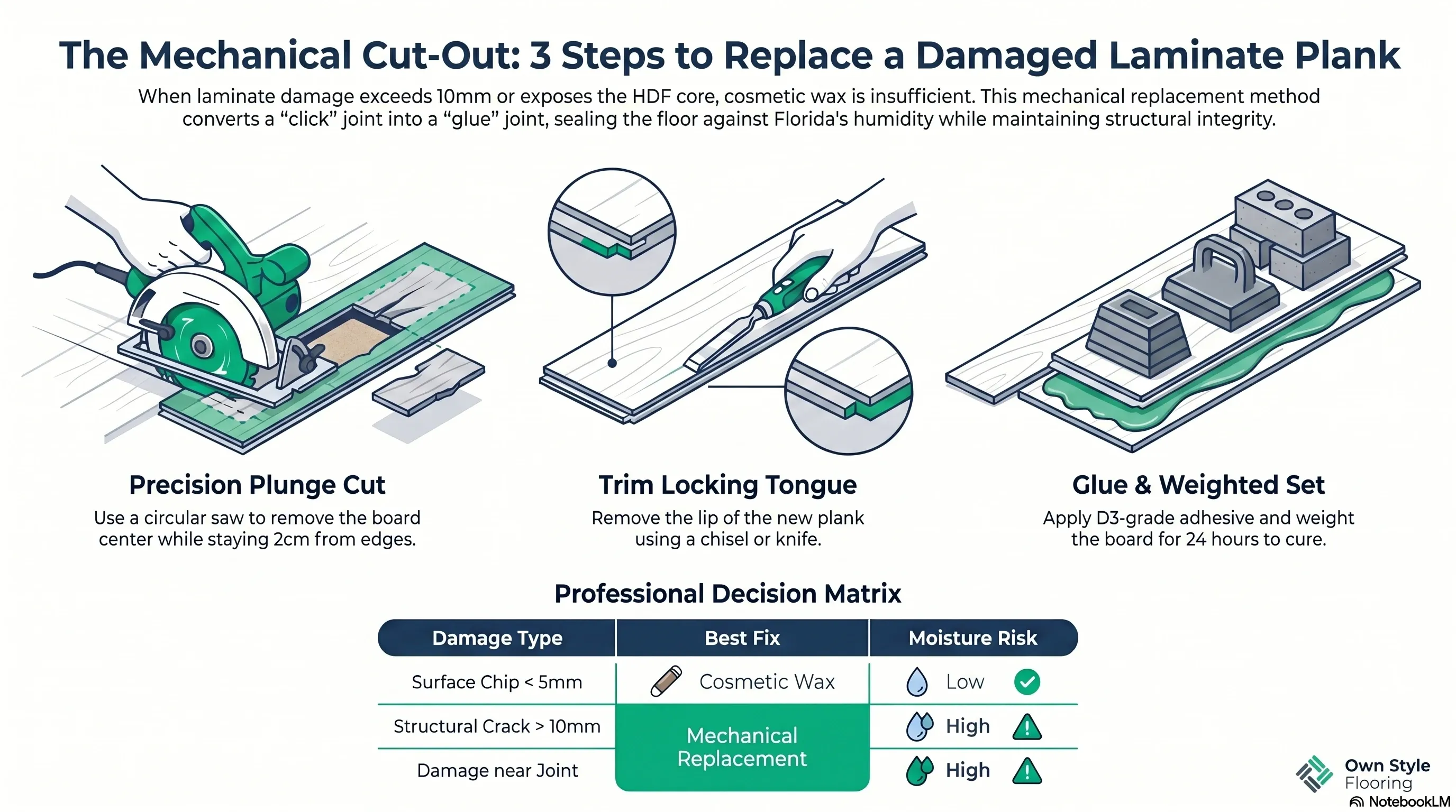 Step-by-step process for replacing a single laminate plank in the middle of a floor