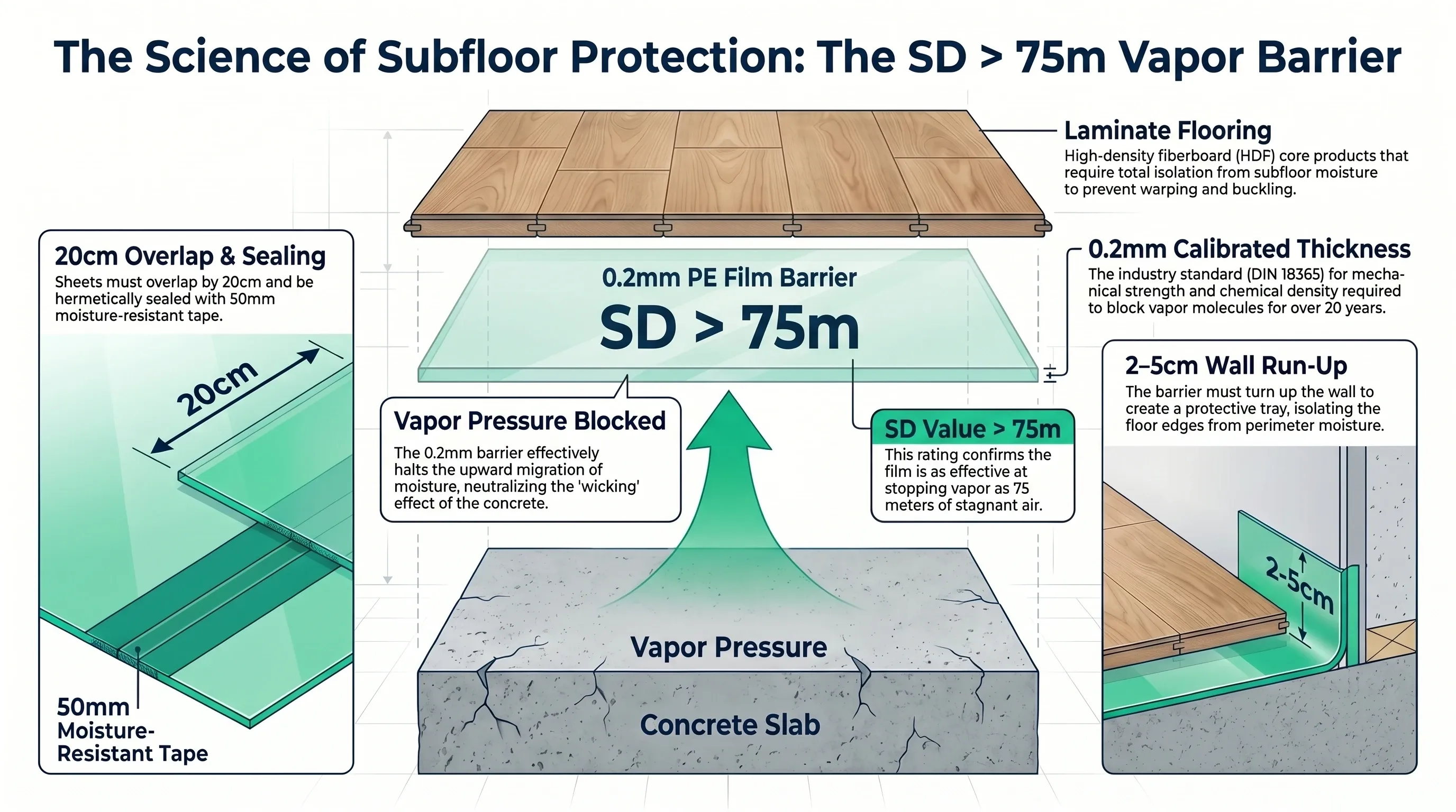 Technical infographic showing how an SD > 75 m vapor barrier blocks moisture from a concrete slab