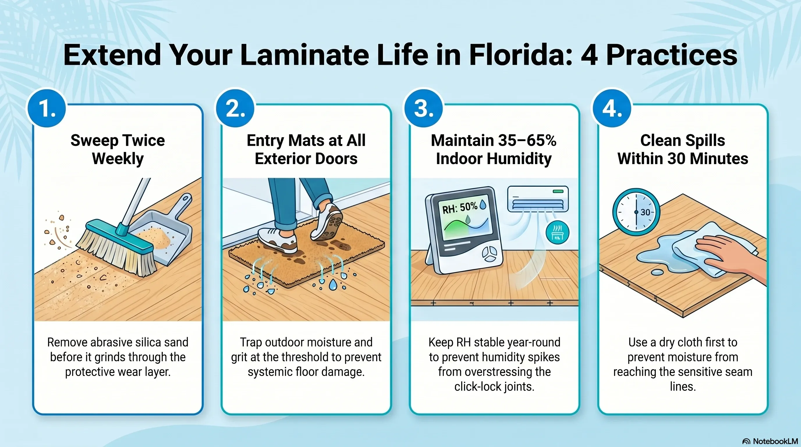 How to extend laminate flooring life in Tampa Bay Florida — sand removal, entry mats, humidity management, spill response