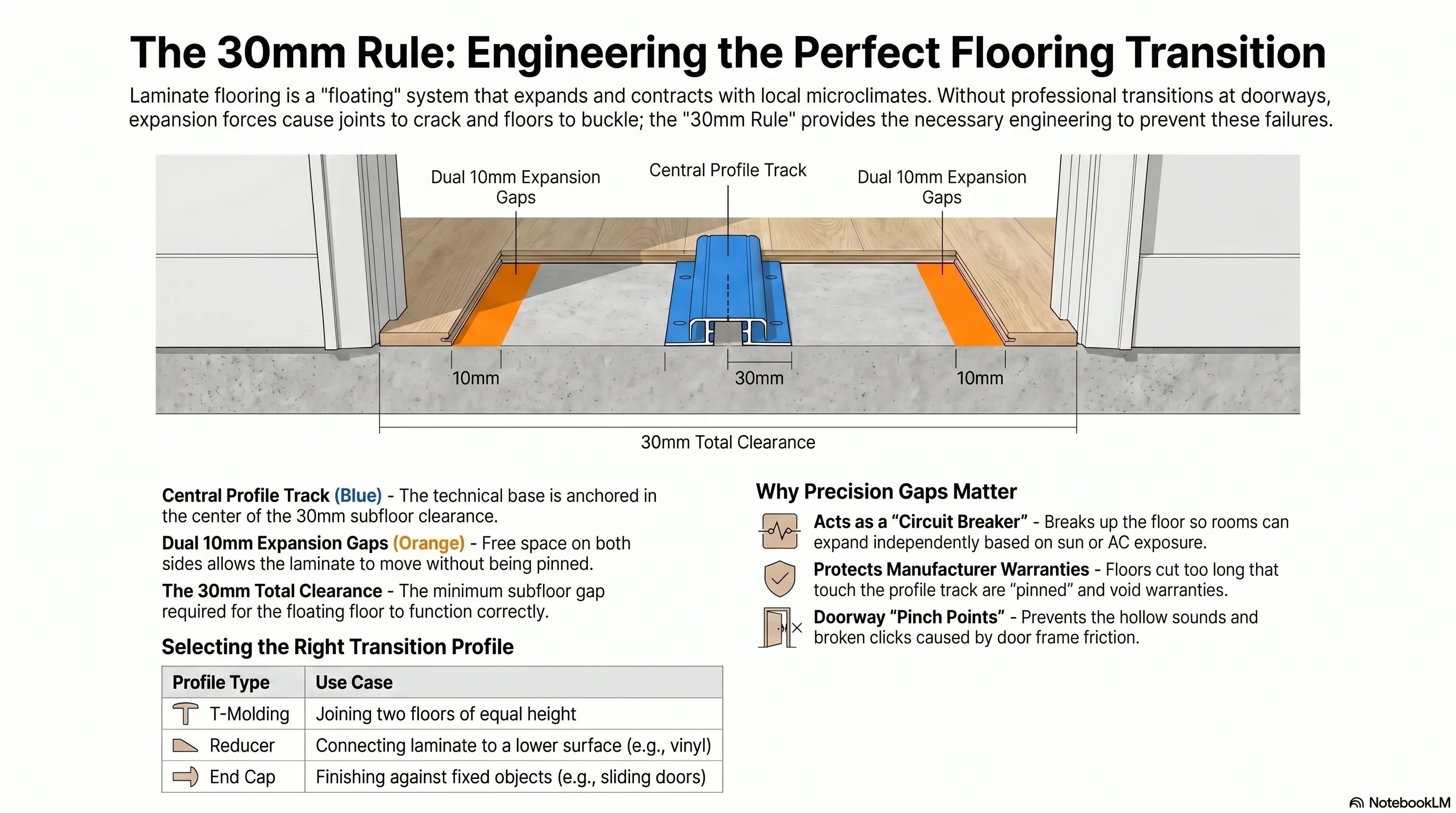 Technical diagram of the 30 mm gap required for a professional transition installation