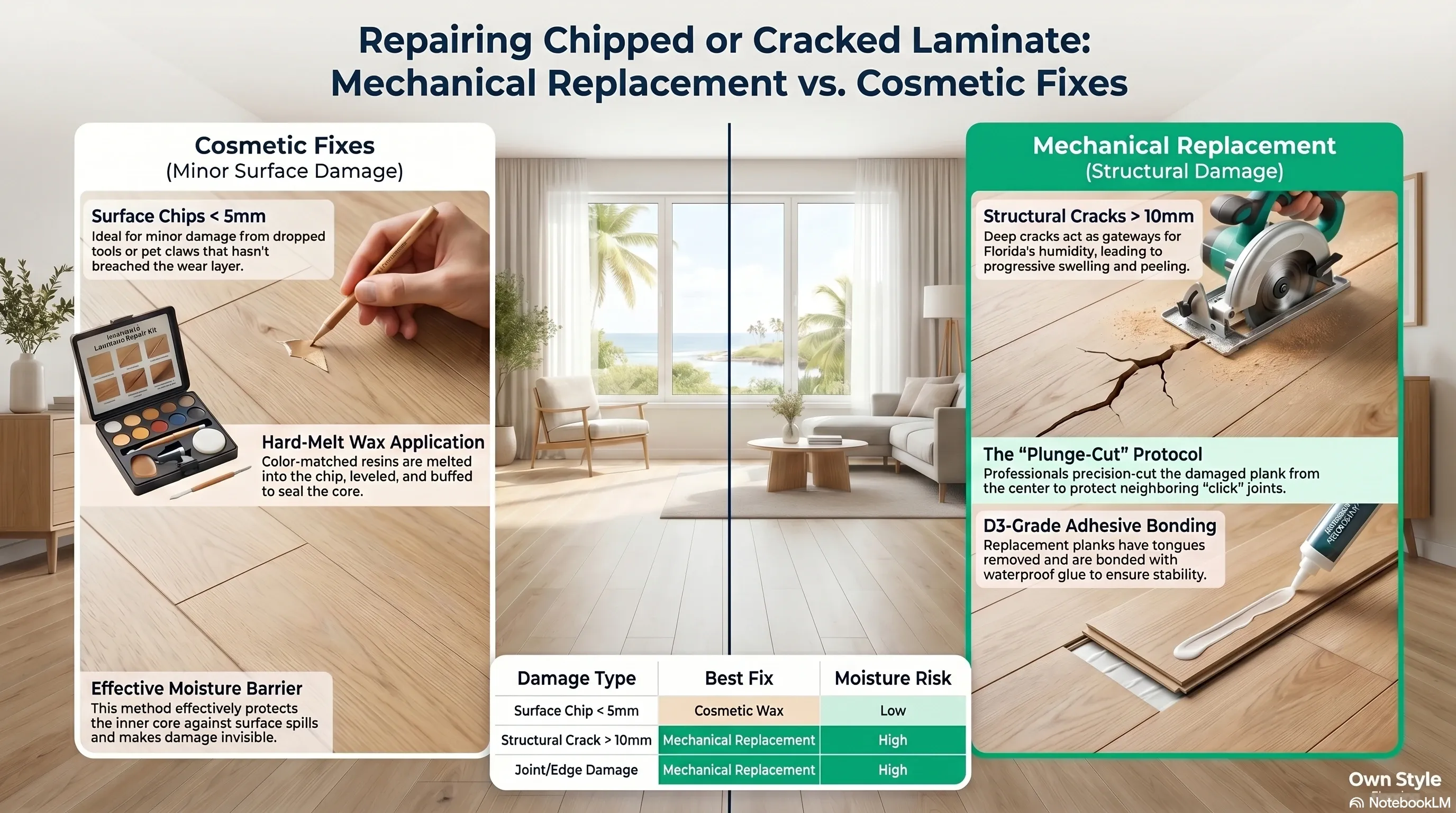 Real Tampa Bay home comparing minor cosmetic laminate damage against a structural crack requiring mechanical plank replacement