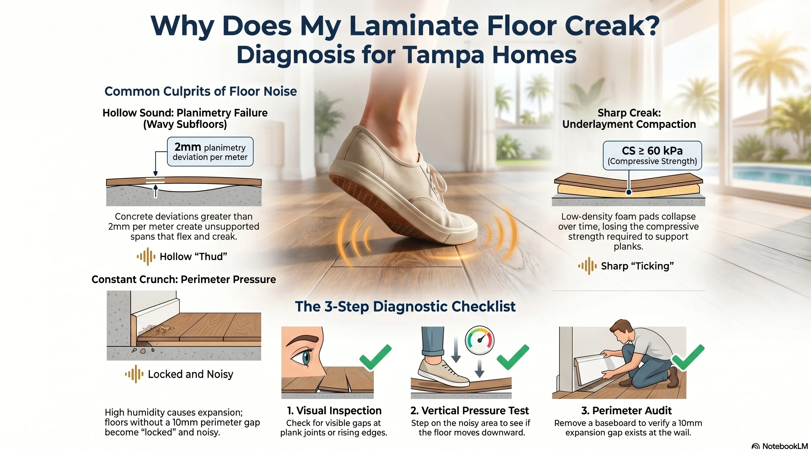 Complete diagnostic guide comparing hollow sounds, sharp ticking, and perimeter pressure causes of laminate floor noise