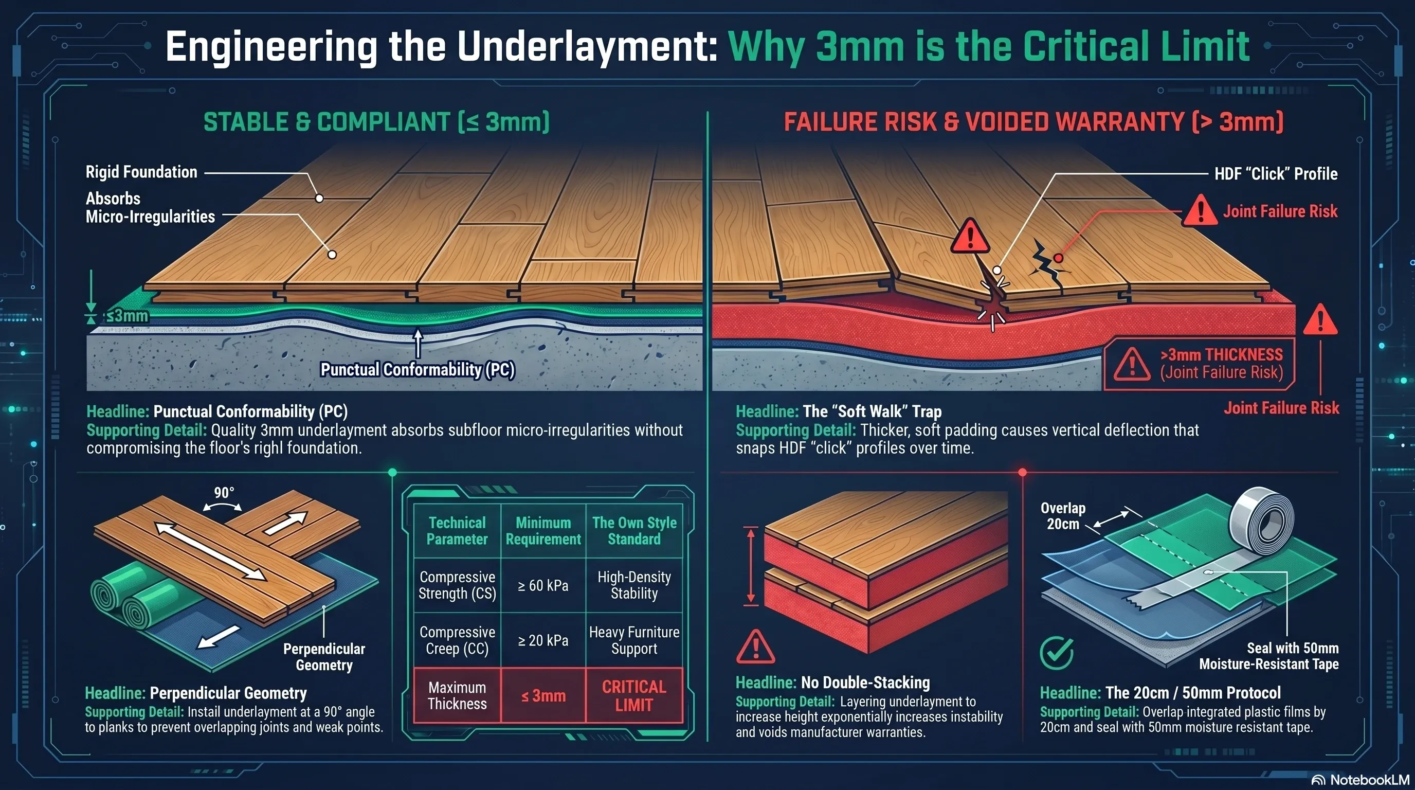 Side-by-side comparison of a compliant 3 mm underlayment installation next to a failed installation showing joint separation and a fractured HDF locking tongue