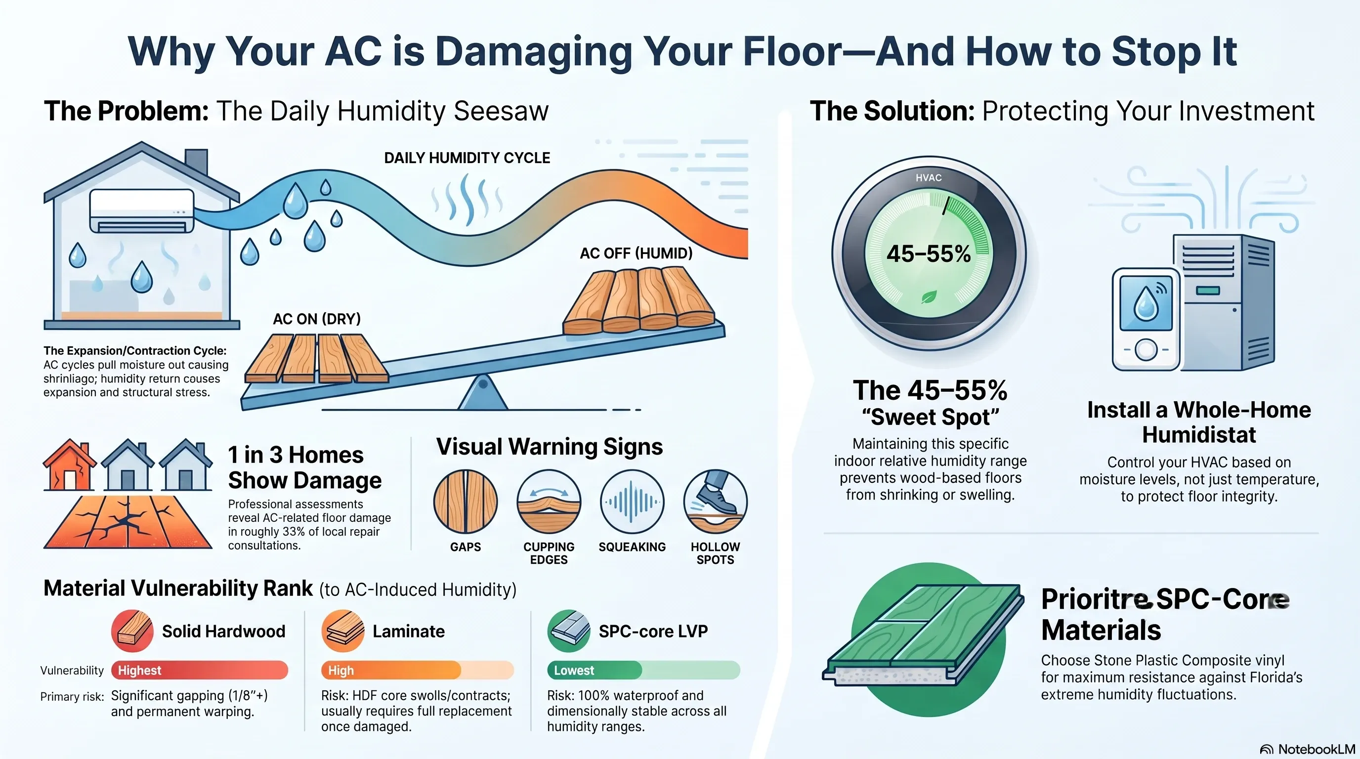 Material vulnerability ranking to AC-induced humidity, comparing solid hardwood, laminate, and SPC-core LVP for Tampa Bay homes