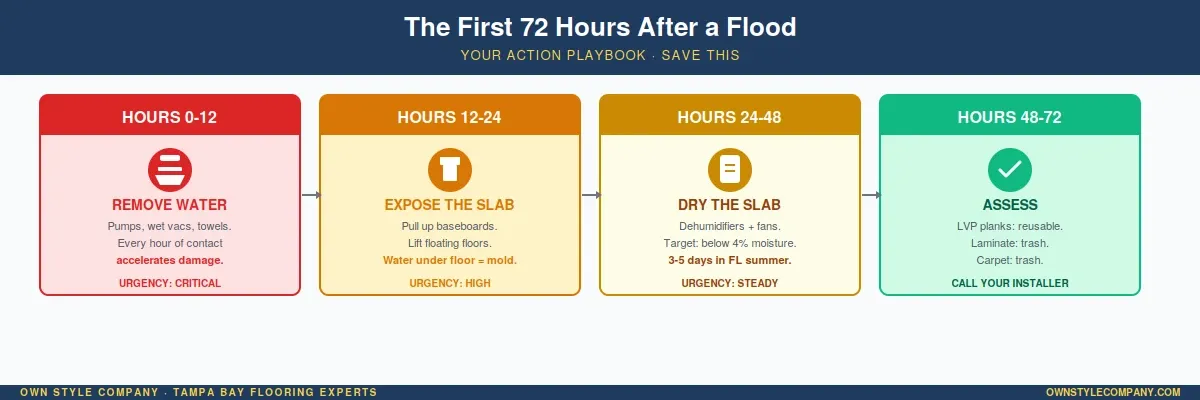 Visual 72-hour timeline with four time blocks and action icons