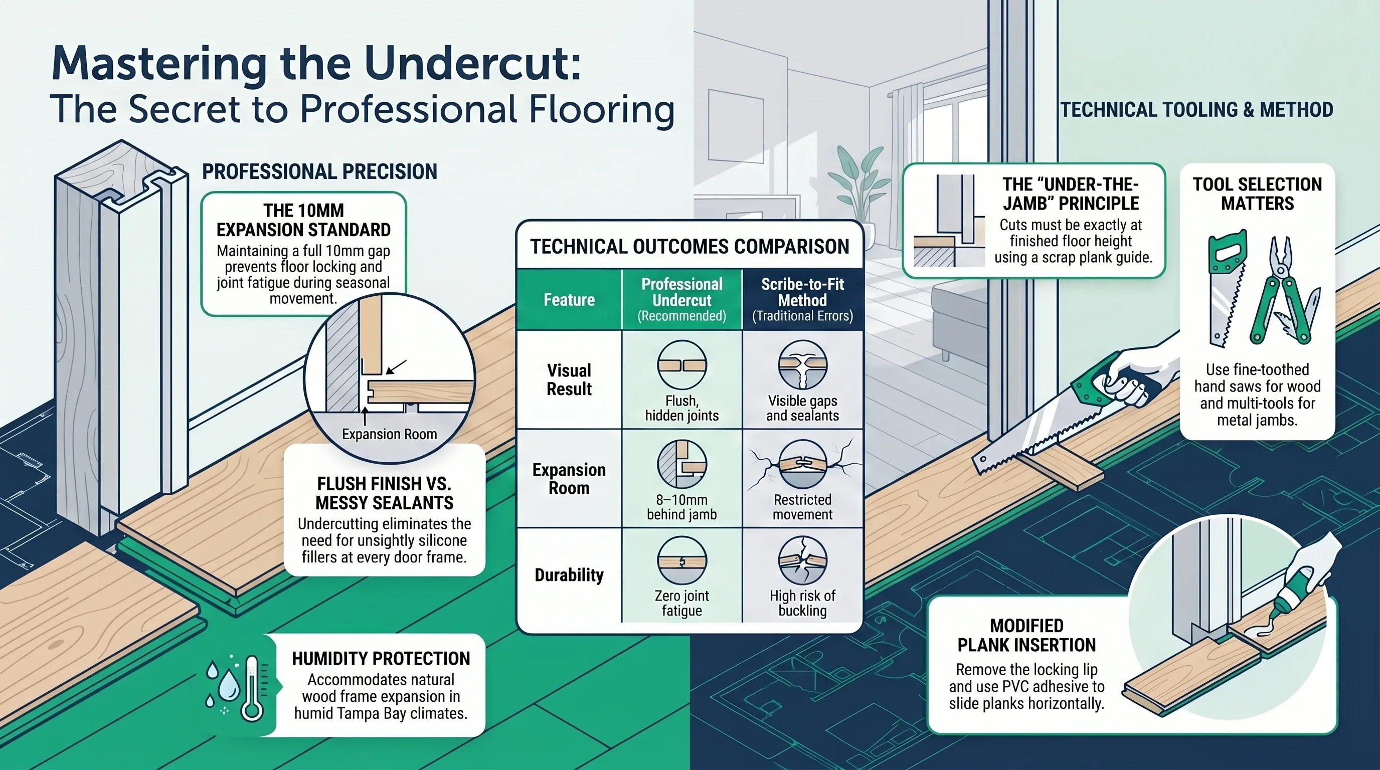 Installer using a pull bar to flat-tap a laminate plank under an undercut door jamb
