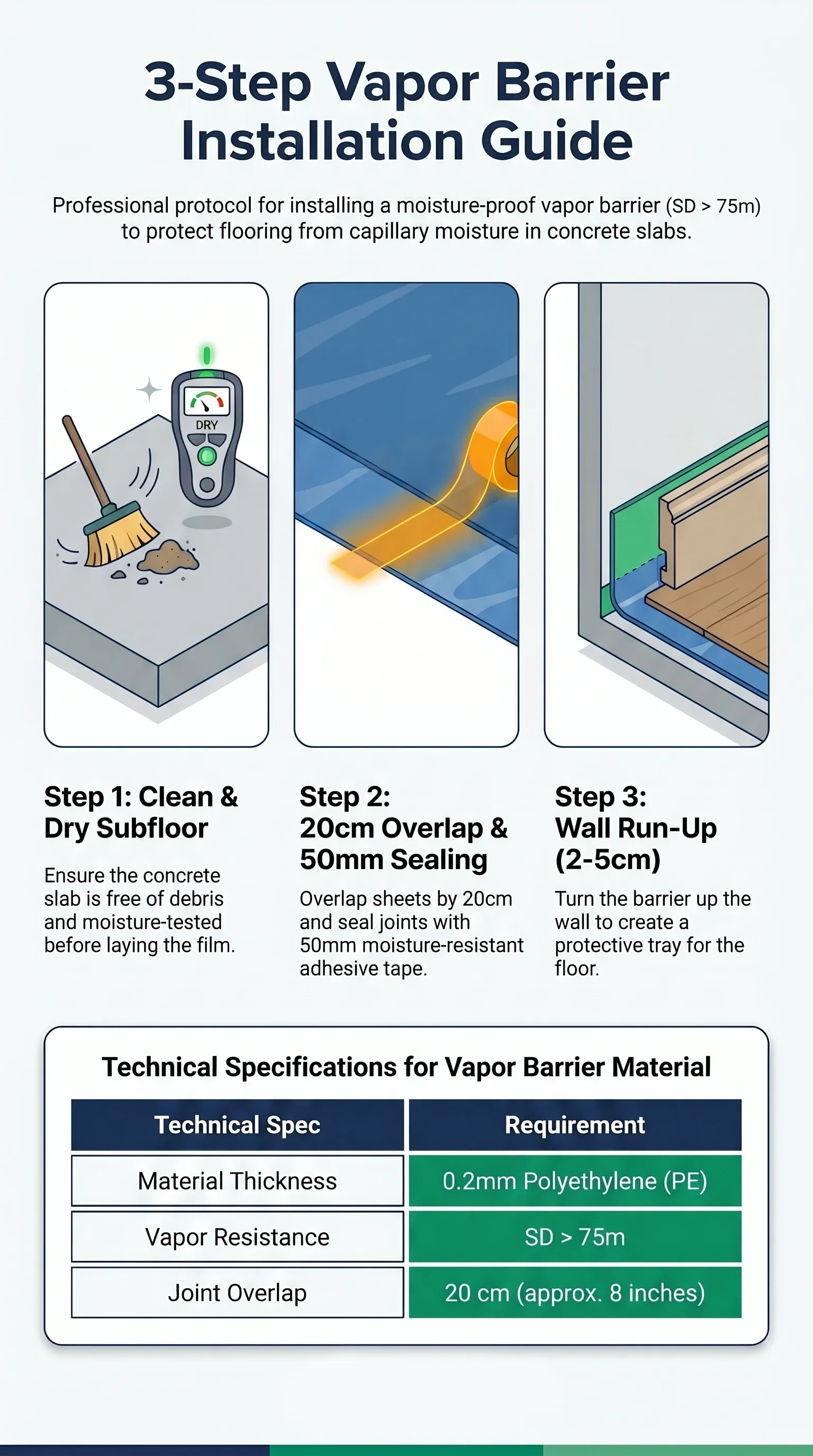Step-by-step guide for installing a flooring vapor barrier with correct overlaps and wall run-up