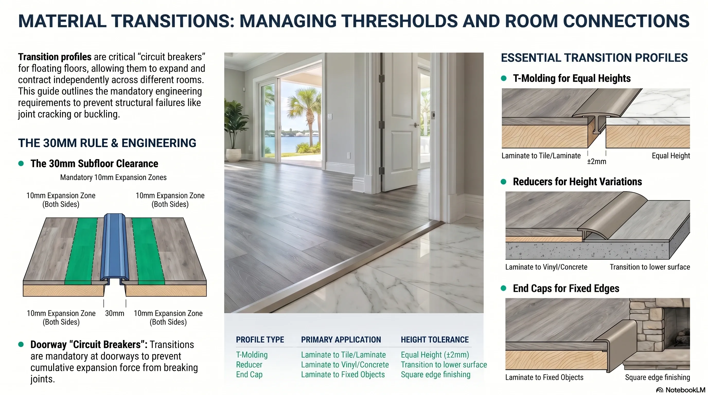 Real Tampa Bay home showing a metal transition strip installed flush between laminate flooring and tile at a hallway threshold