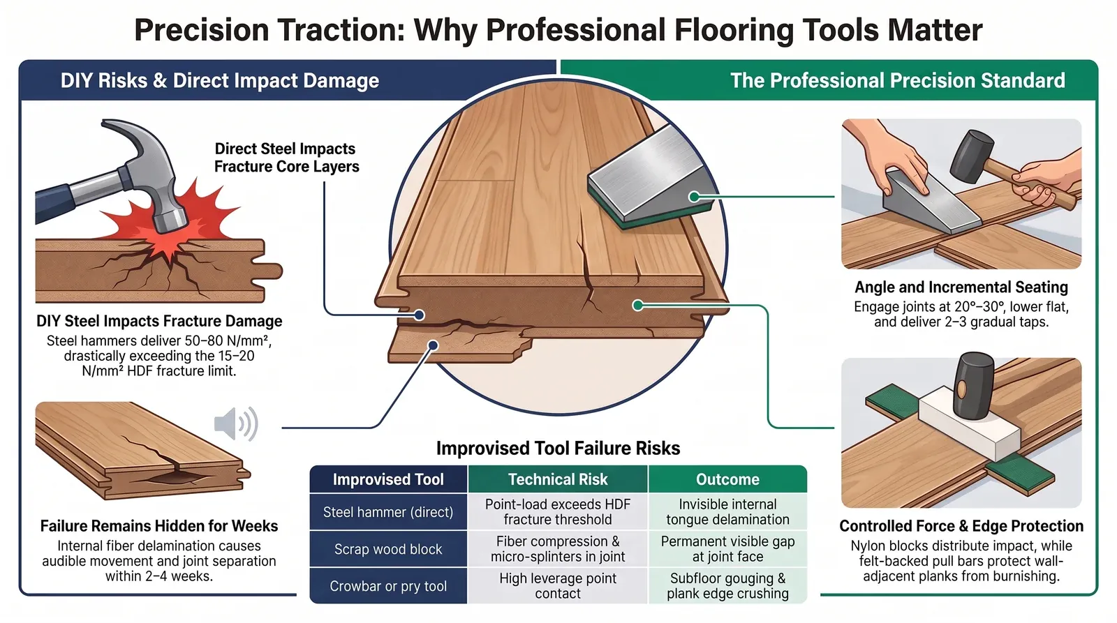 Why professional flooring tools matter: risks of improvised tools and the incremental seating method