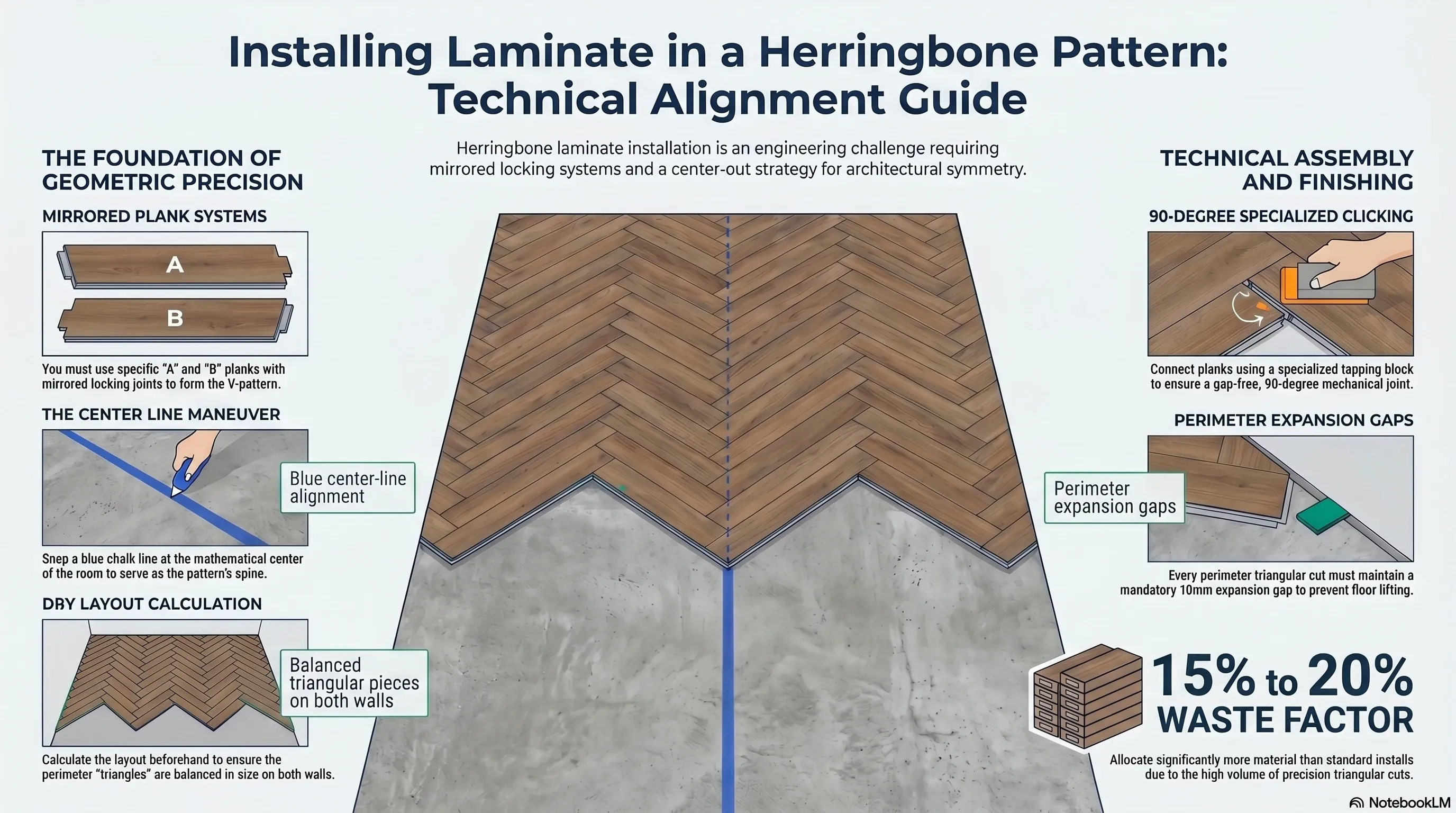 Step-by-step assembly guide for herringbone laminate flooring using A and B type planks